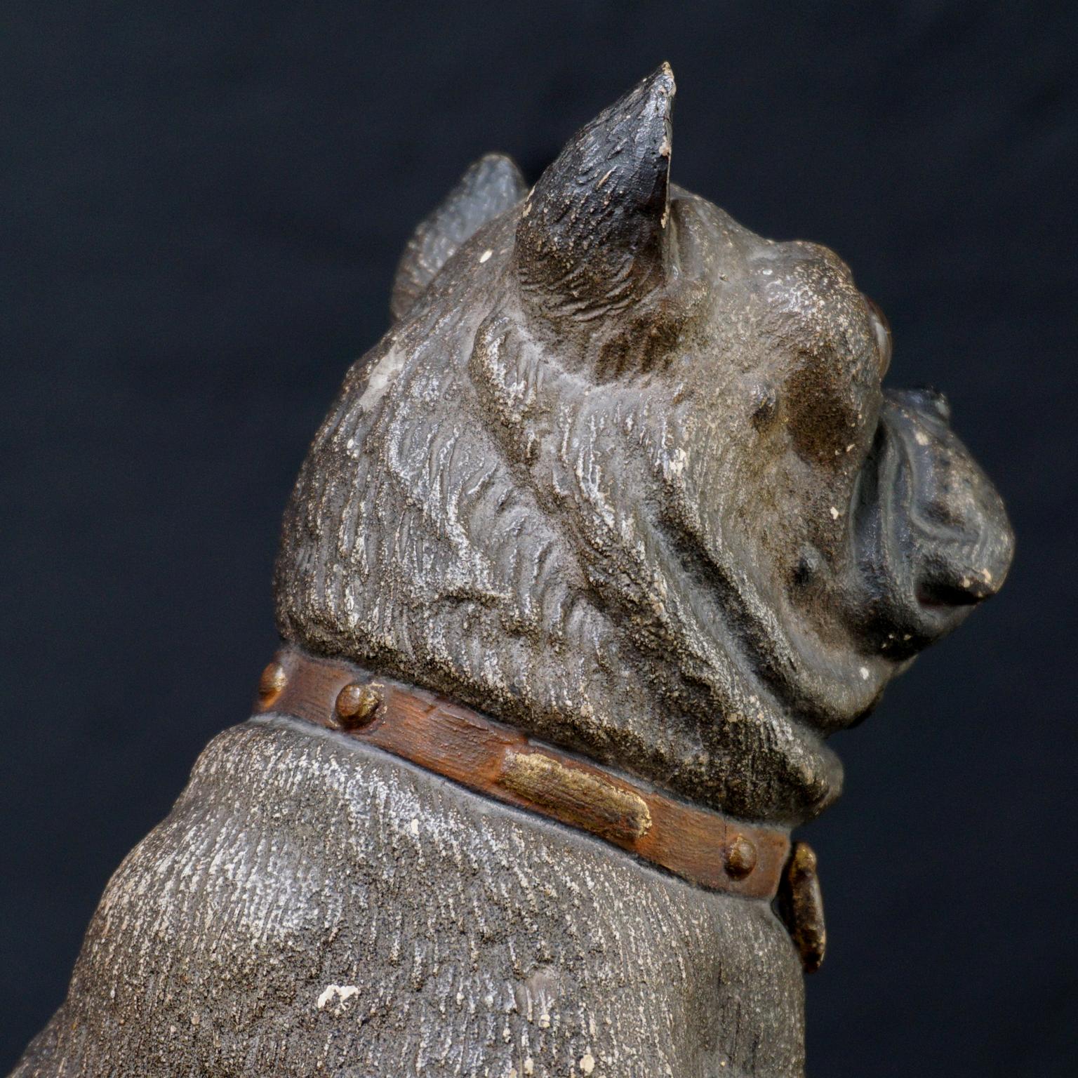 Terracotta 19th Century Austrian Seated Ceramic Pug Dog with Red Collar and Glass Eyes For Sale