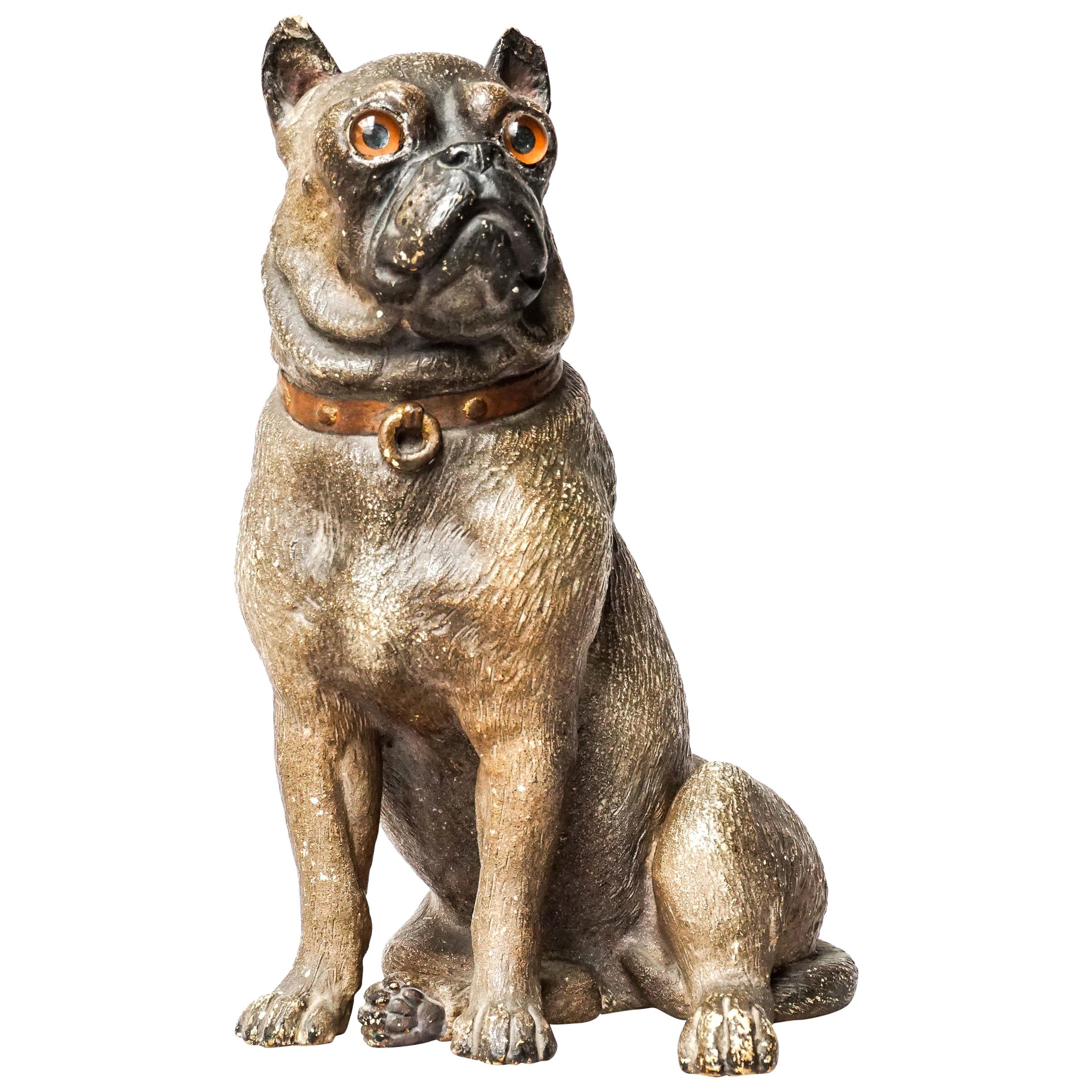 19th Century Austrian Seated Ceramic Pug Dog with Red Collar and Glass Eyes For Sale