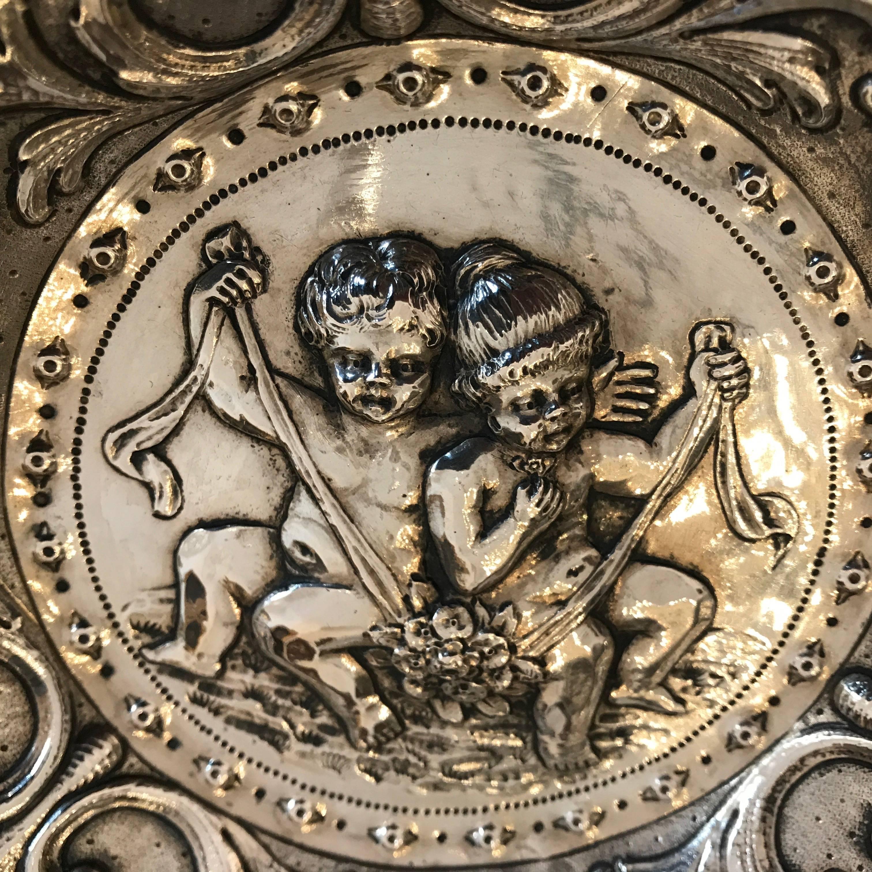 19th Century European Repoussé Silver Dish with Children Grotesque Mask FIgures 2