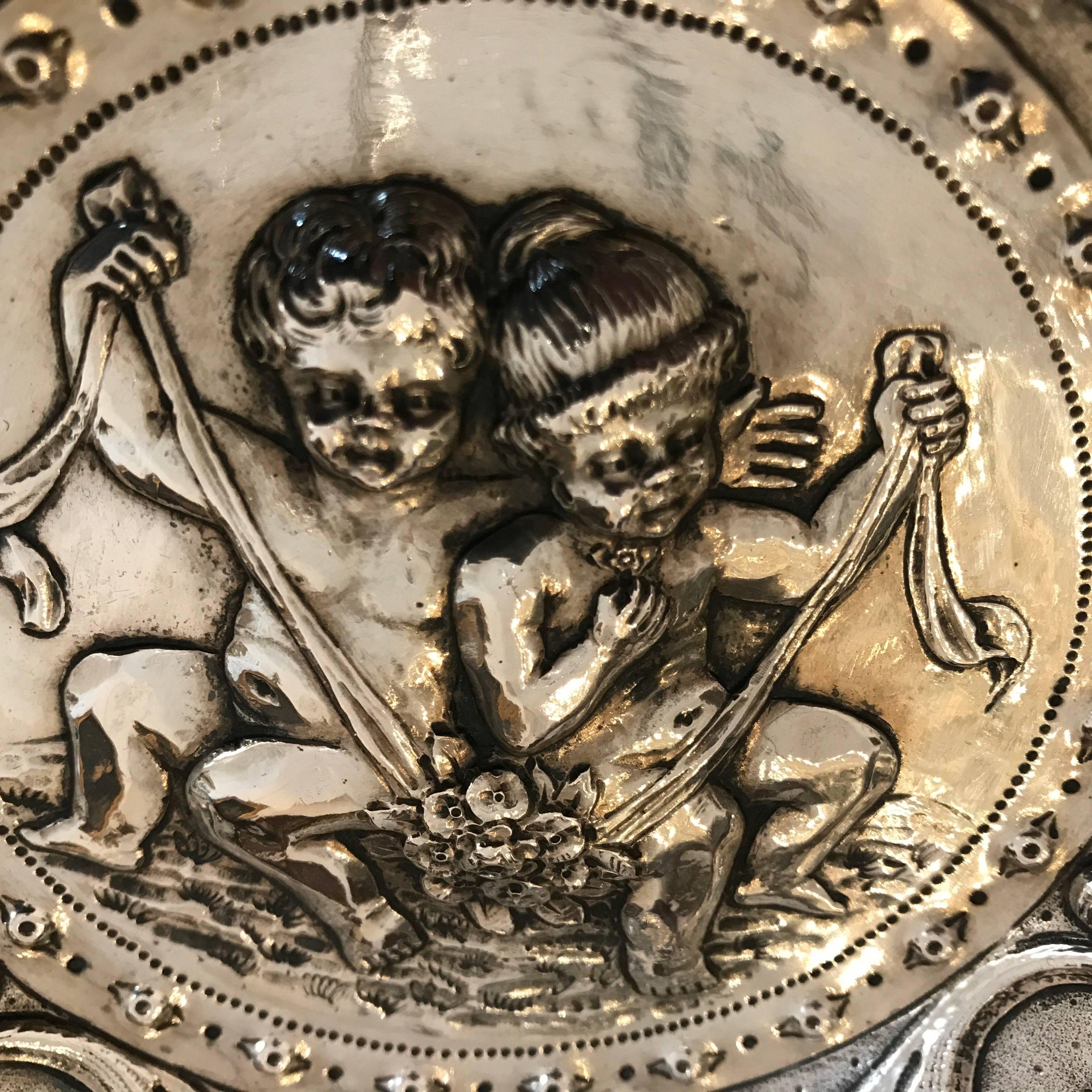 19th Century European Repoussé Silver Dish with Children Grotesque Mask FIgures 3