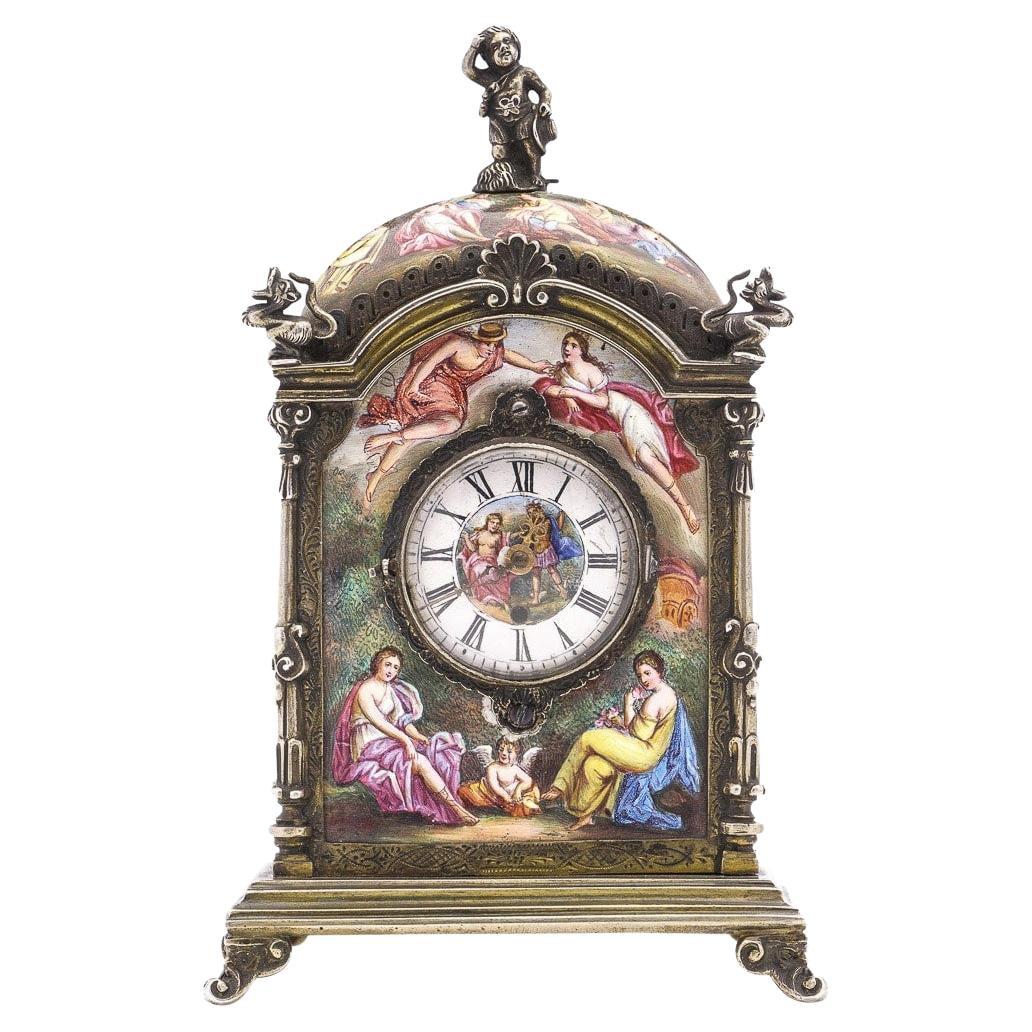 19th Century Austrian Silver & Enamel Clock, Hermann Ratzersdorfer, c.1890 For Sale
