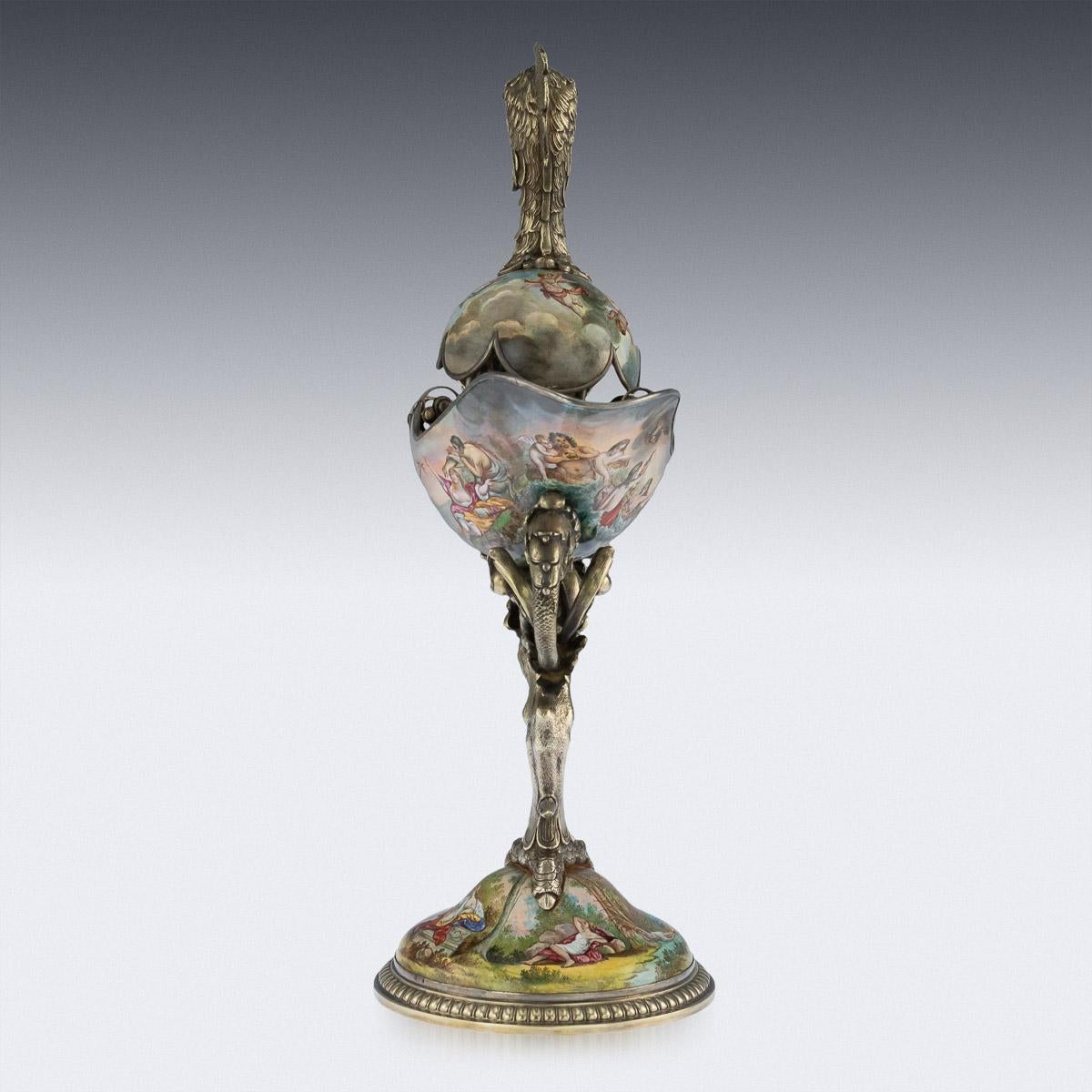 Antique late 19th century Austrian exceptional solid silver gilt and hand painted enamel cockerel shaped tazza, standing on a domed base, the hand painted enamel body standing on a large cockerel foot and terminating with a garnet set cockerels