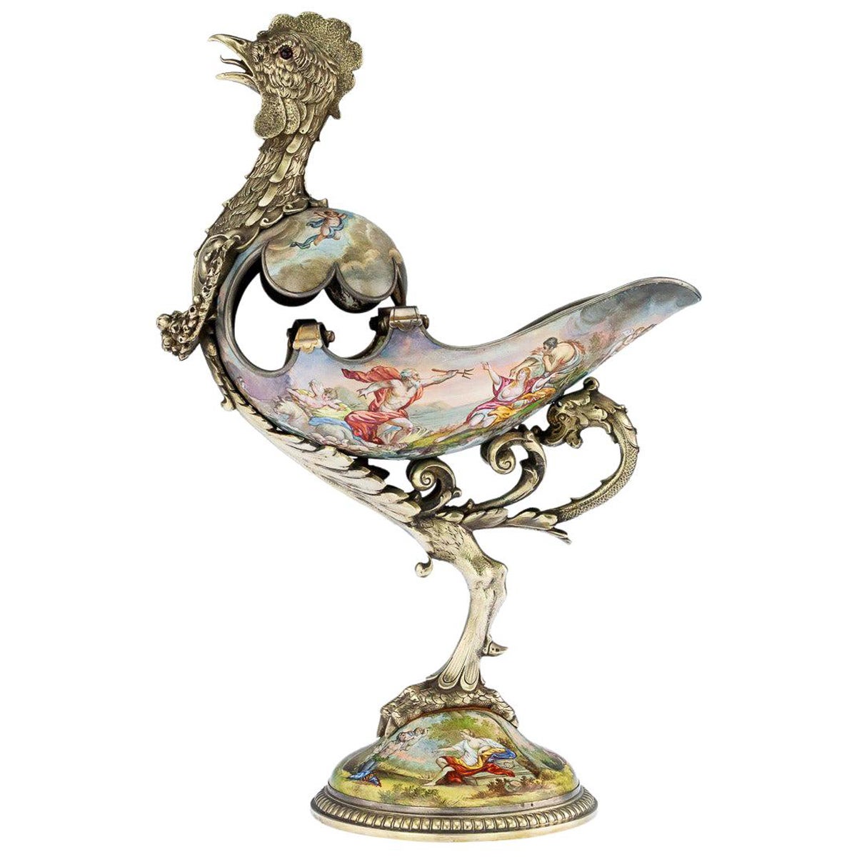 Gallo austriaco del siglo XIX, plata dorada y esmalte, Ludwig Politzer, hacia 1890