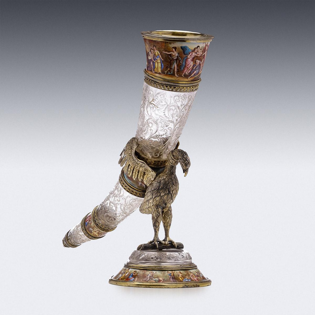 19th Century Austrian Silver Gilt, Enamel & Rock Crystal Drinking Horn, c.1880 For Sale 1