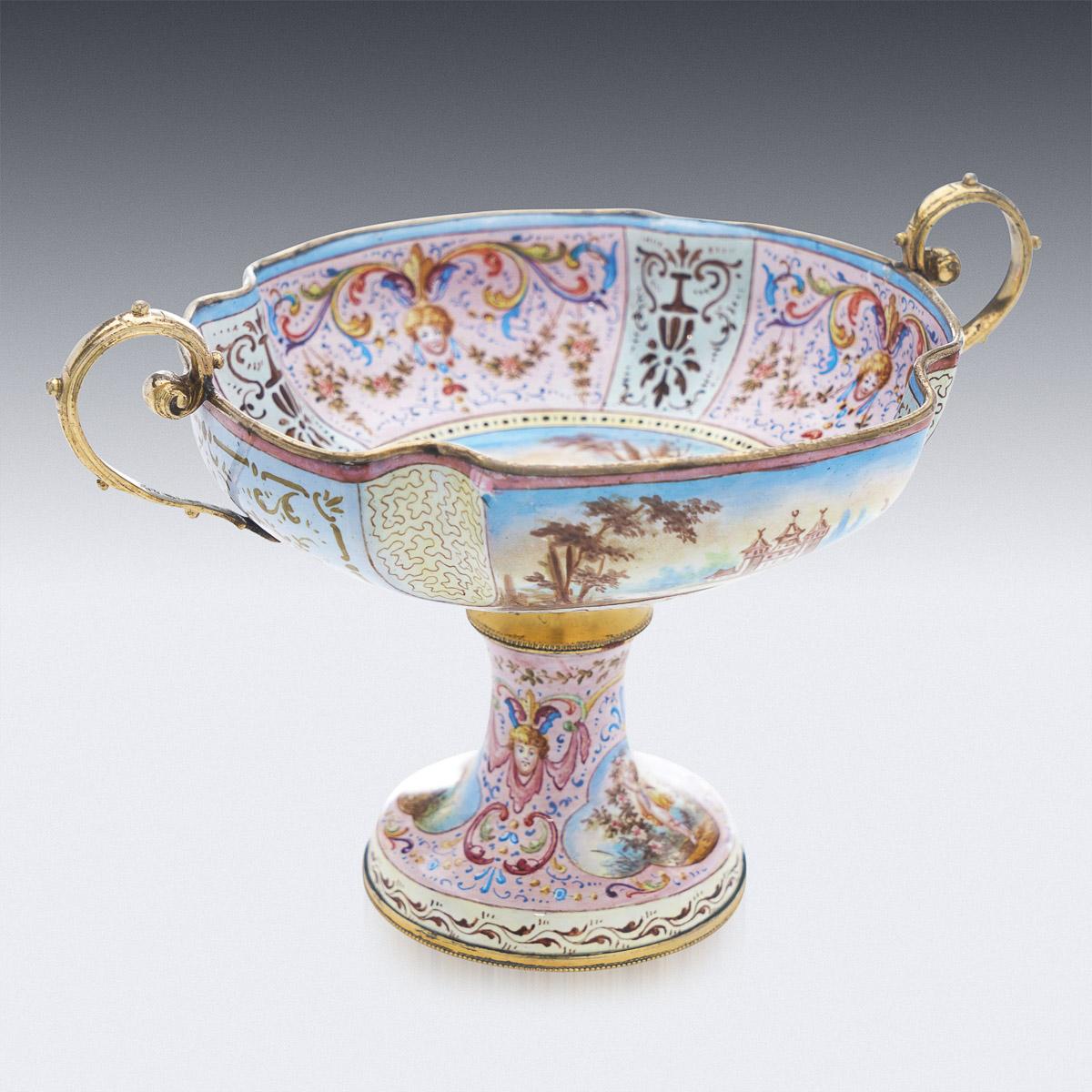 Antique 19th Century Austrian Renaissance revival solid silver enameled comport, the body supported by spreading domed foot, beautifully enamelled with a multicolored foliage decoration around oval reserves dipicting various romatic scenes, the main