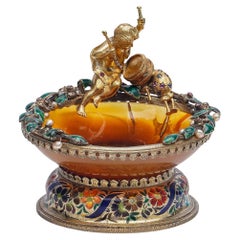 19th Century Austrian Solid Silver, Enamel & Gem Set Figural Agate Bowl, c.1880