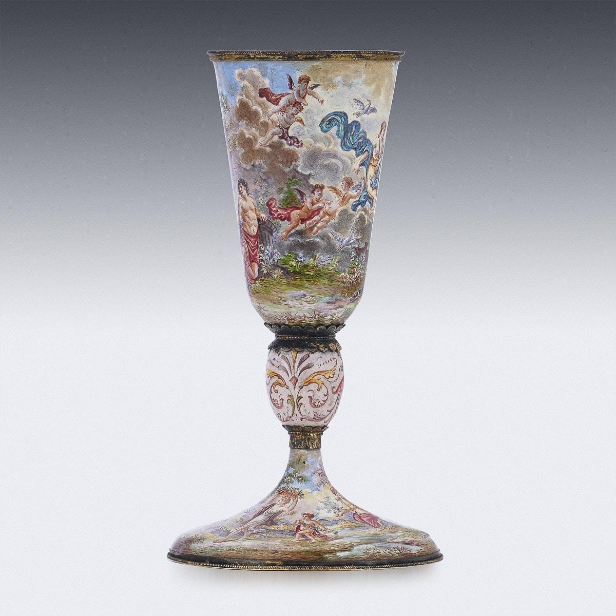 Antique 19th century Austrian Renaissance revival solid silver enameled goblet, the body supported by spreading domed foot, beautifully enamelled with a multicolored foliage decoration and dipicting various romantic scenes. Hallmarked with Austrian