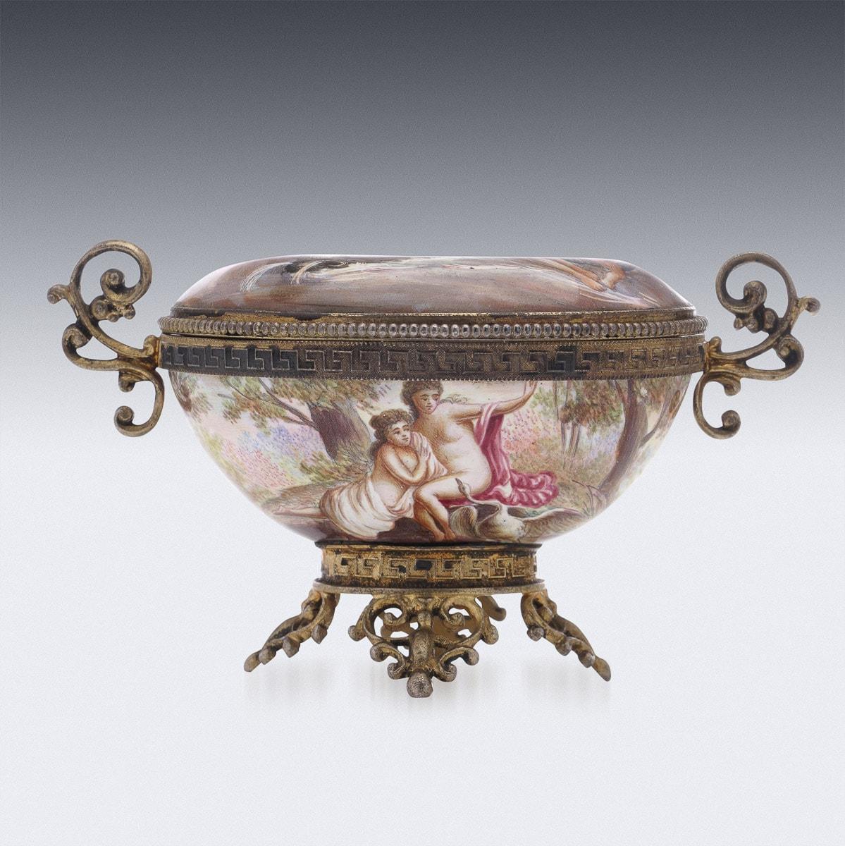 Antique 19th century Austrian Renaissance revival solid silver enameled lidded bowl / trinket box, the body supported by four scroll feet, beautifully enamelled throughout dipicting various mythological scenes, inside lid painted with a landscape