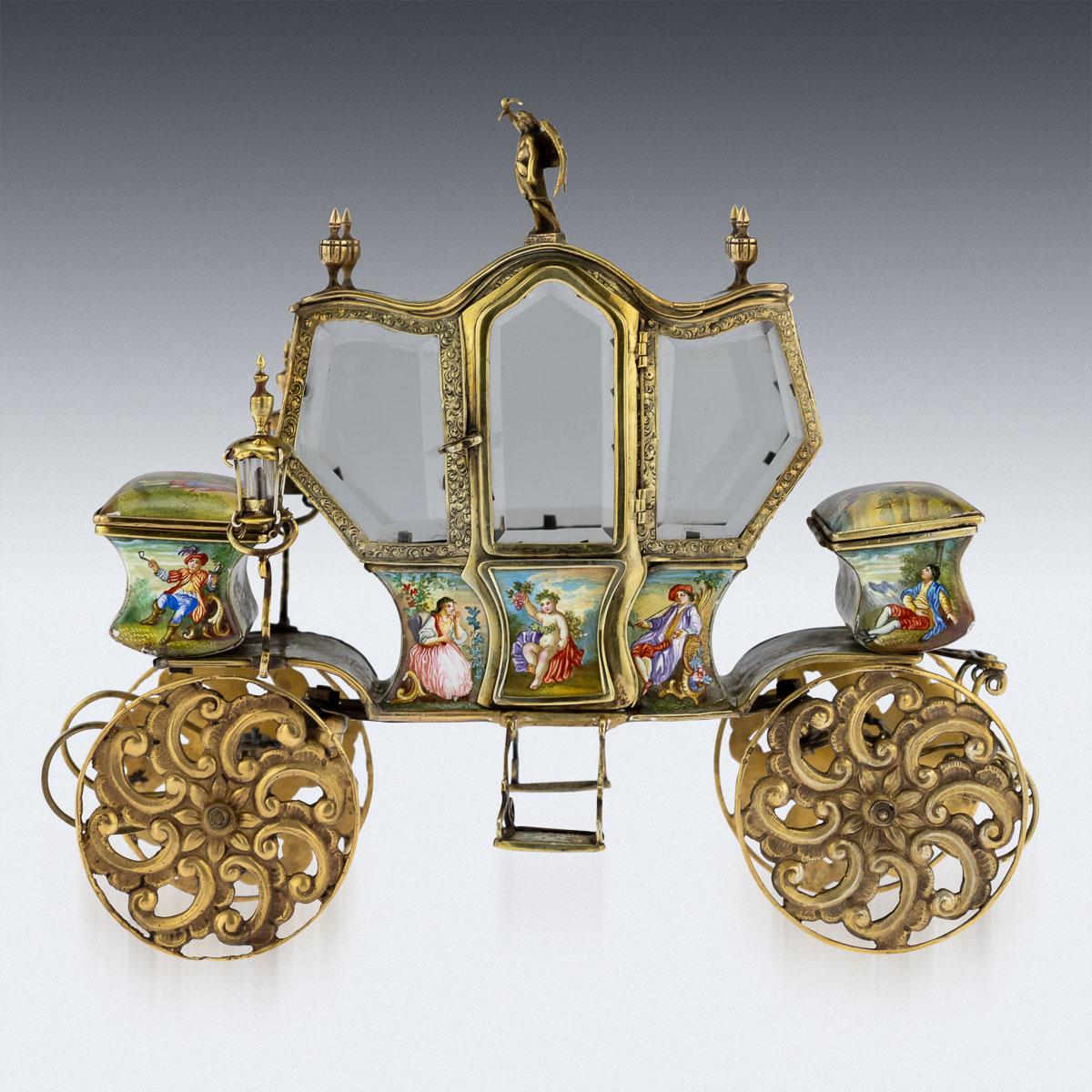 Antique late 19th century Austrian solid silver and hand painted enamel jewelry box shaped as a carriage, with highly decorative silver-gilt framed windows and doors, applied with feather-spoked wheels and beautifully hand enameled with romantic