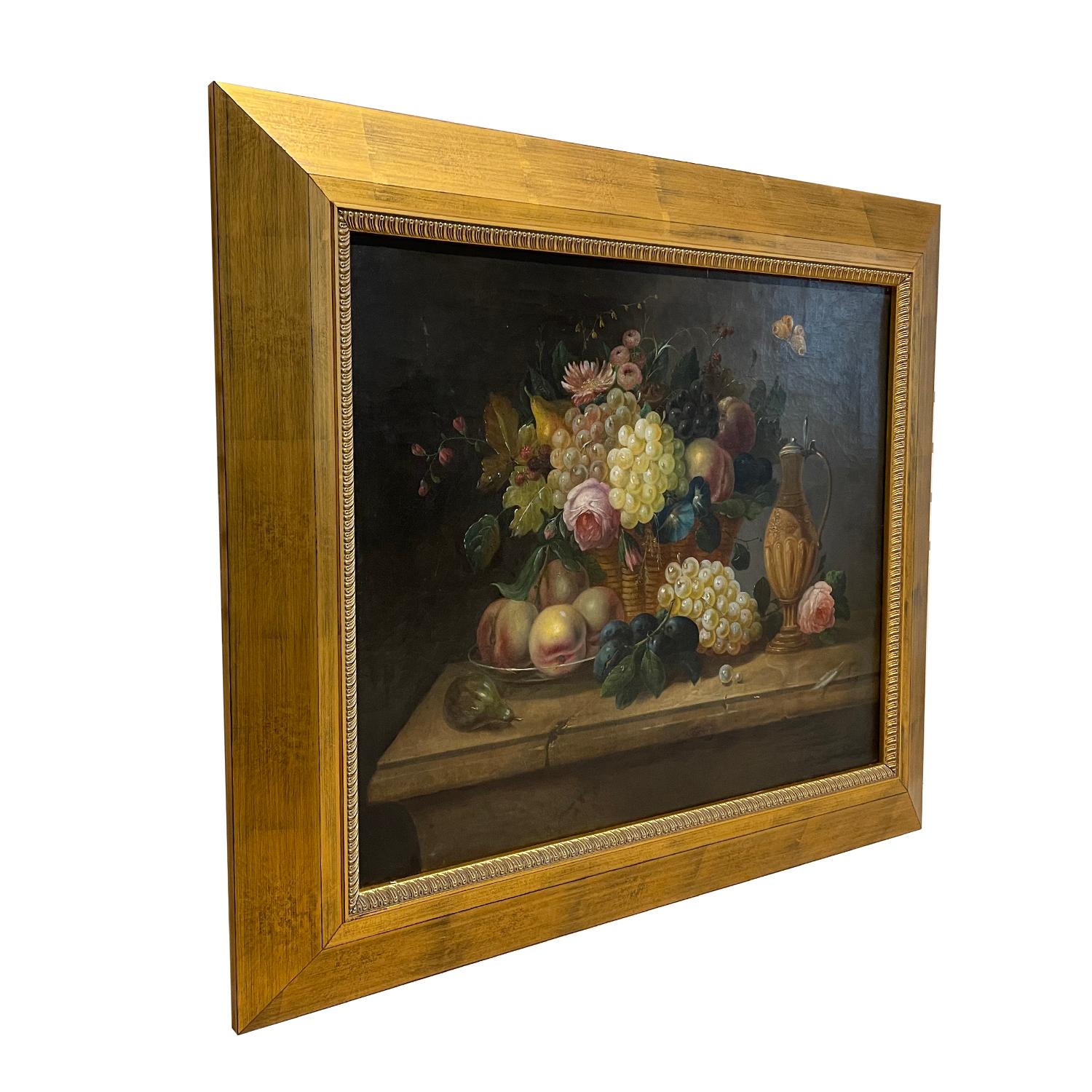 A light-grey, black oil on canvas painting with flowers and fruits, painted by Eduard Wuger in good condition. The colorful antique Austrian painting depicts a round braided basket with many fruits, standing on a wooden working table. Signed ED.