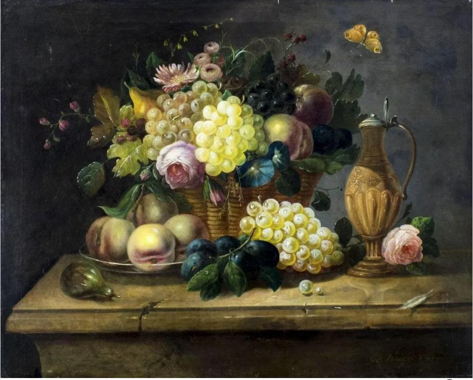 Fatto a mano Natura morta austriaca del XIX secolo dipinta a olio con fiori da Eduard Wuger in vendita