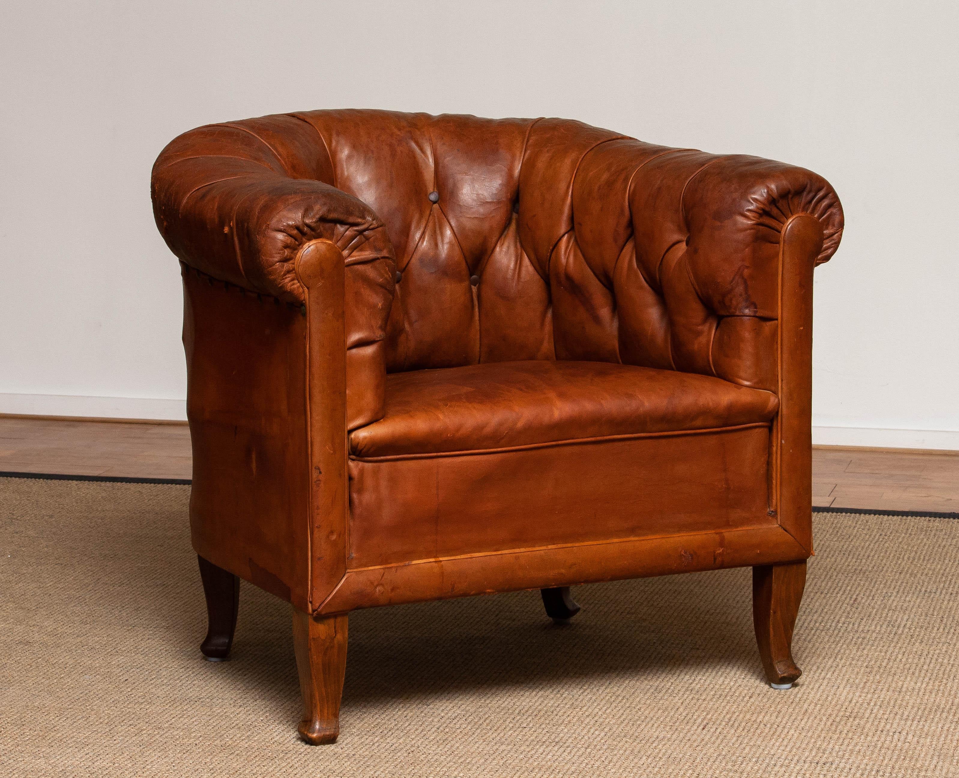 Late 19th Century 19th Century Authentic Swedish Chesterfield Model Tan Brown Tufted  Cigar Chair
