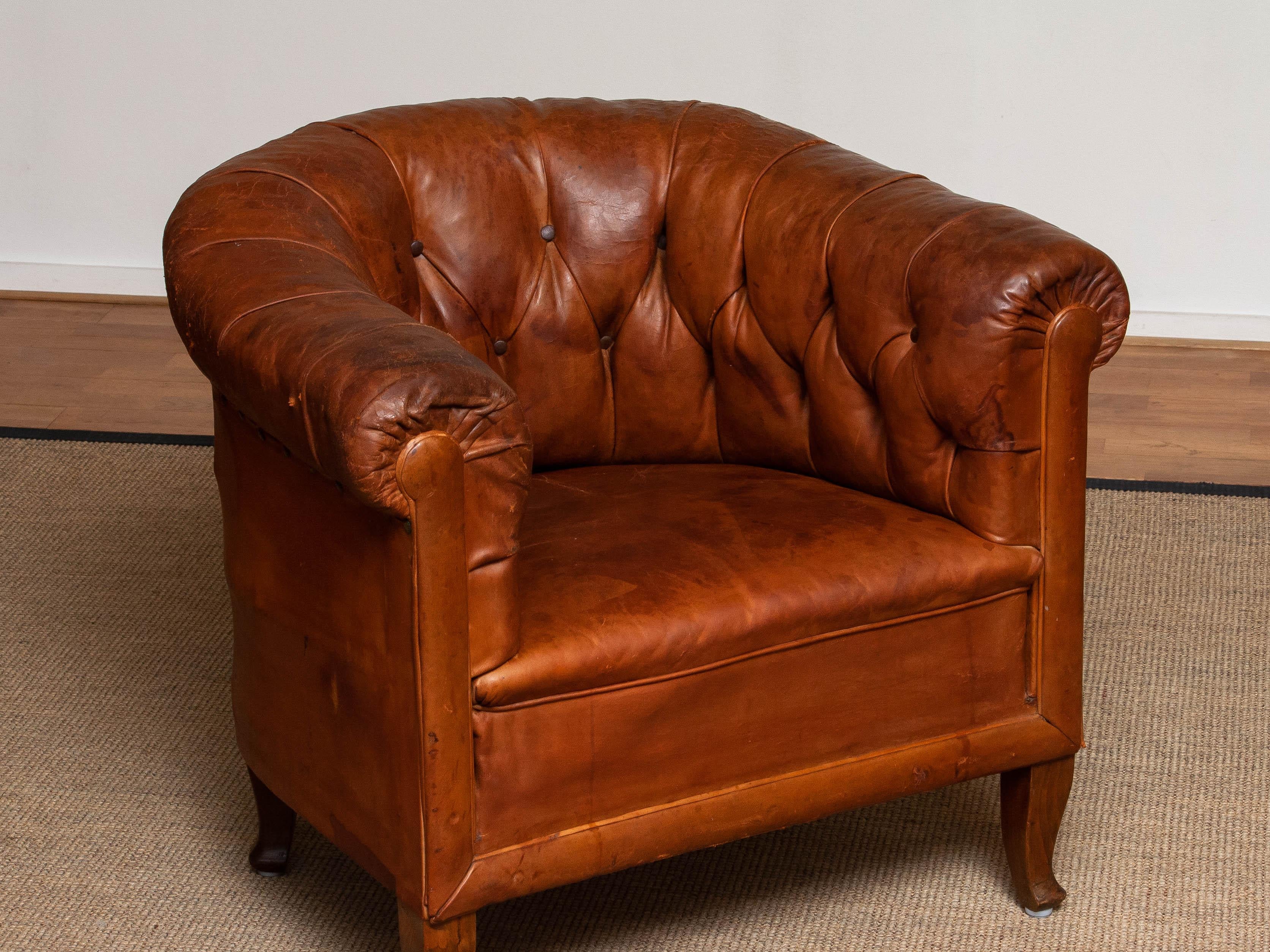 Leather 19th Century Authentic Swedish Chesterfield Model Tan Brown Tufted  Cigar Chair
