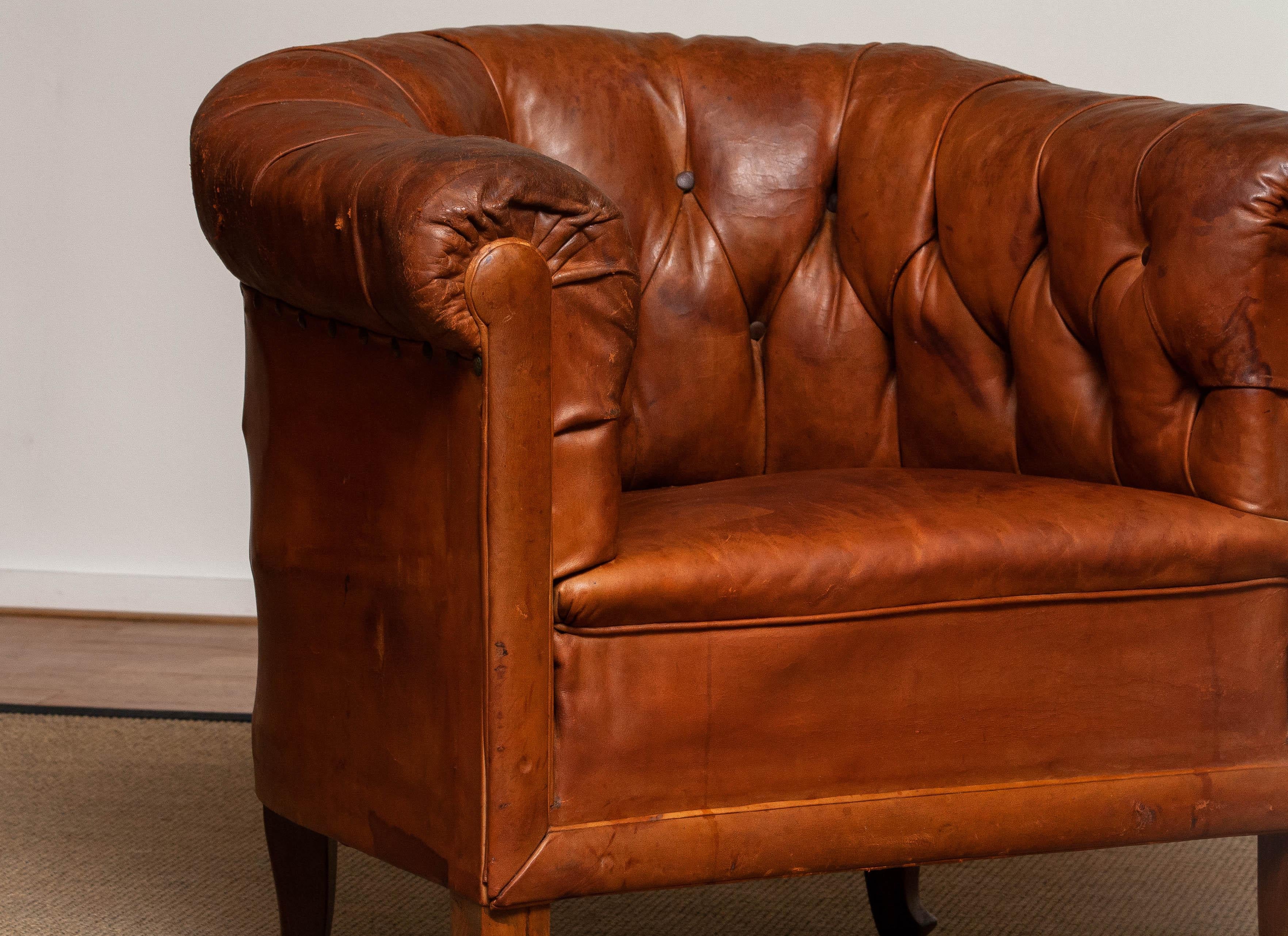 19th Century Authentic Swedish Chesterfield Model Tan Brown Tufted  Cigar Chair 1