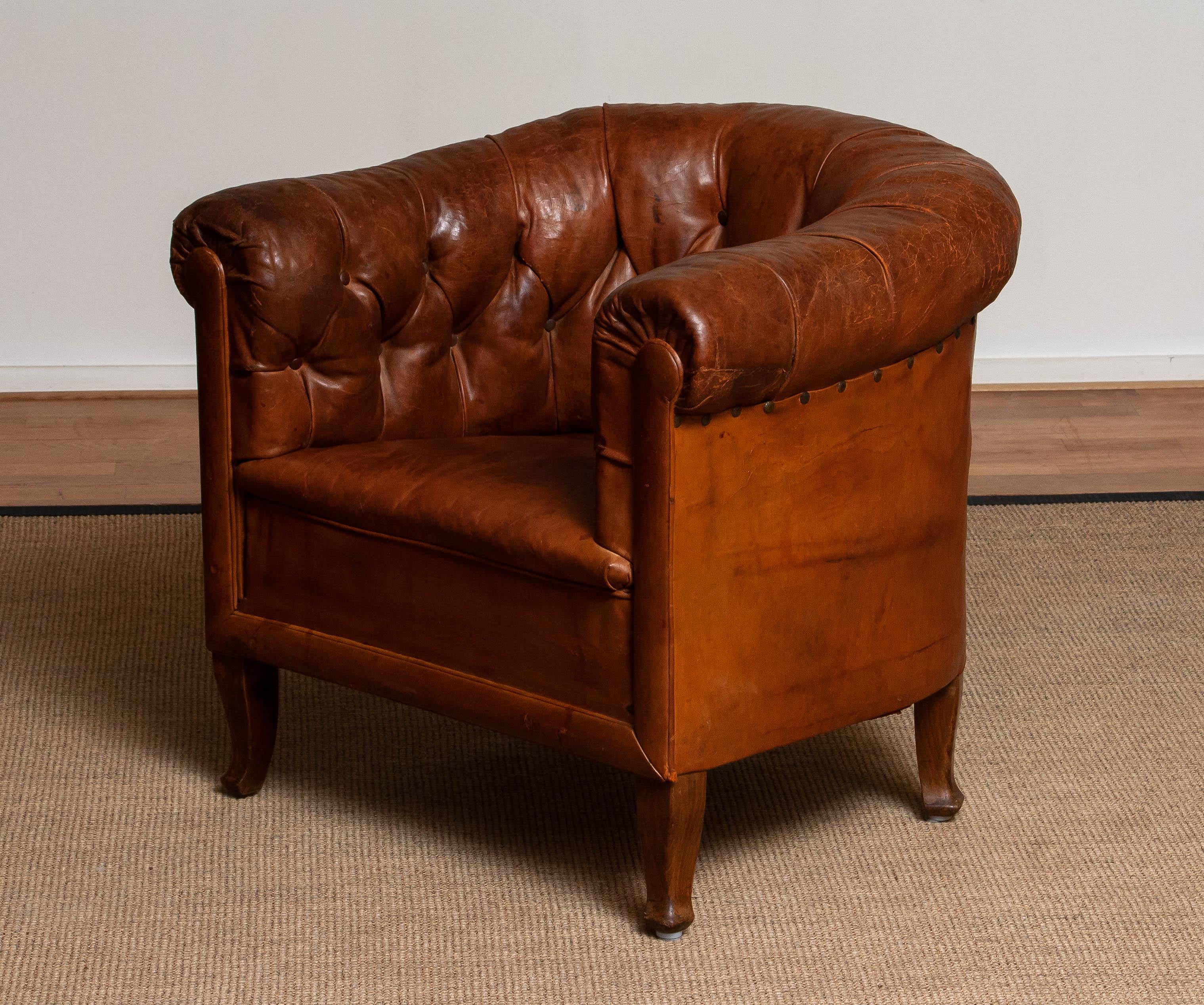 19th Century Authentic Swedish Chesterfield Model Tan Brown Tufted  Cigar Chair 4