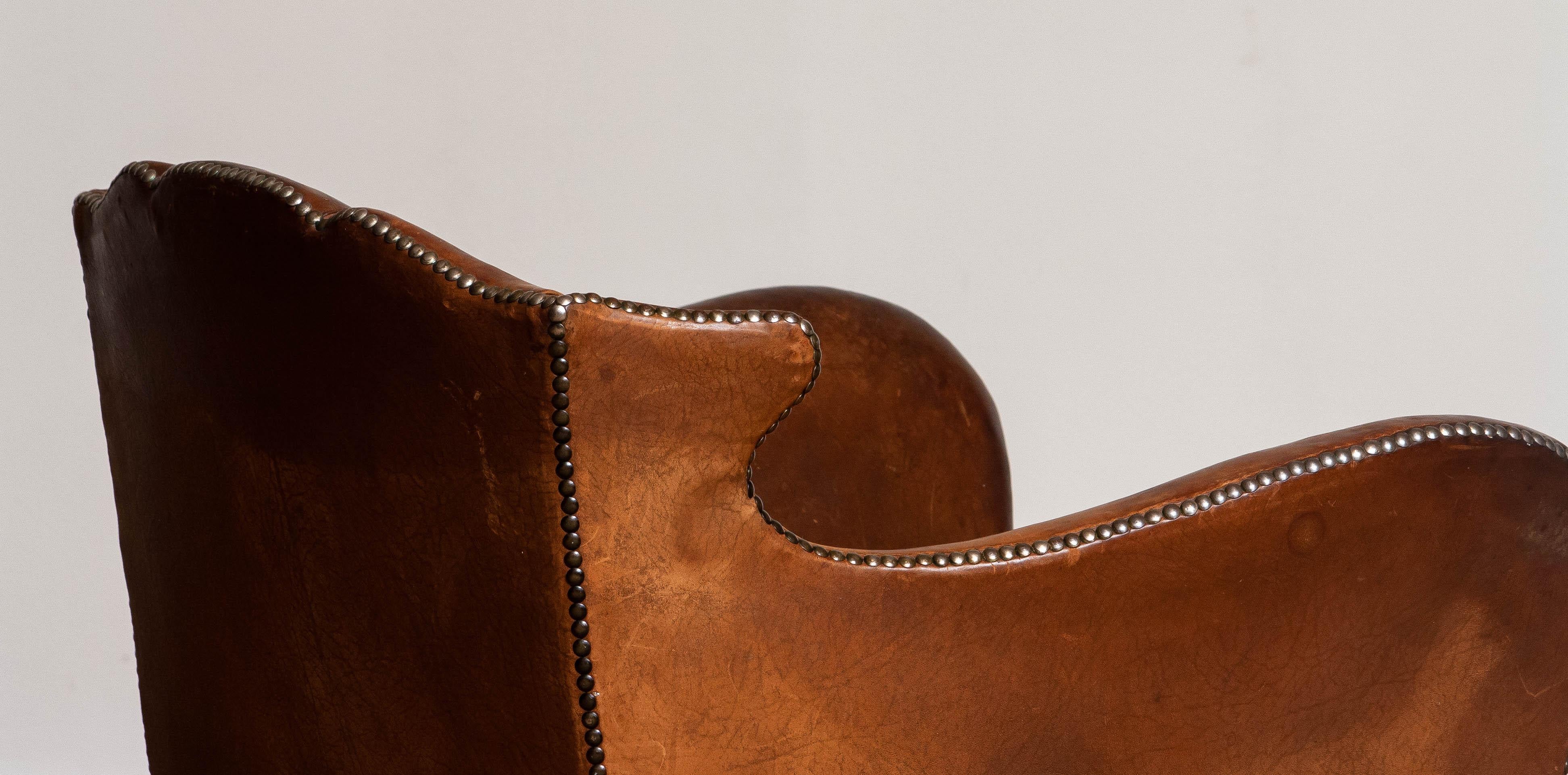 19th Century Swedish Tan / Brown Nailed Leather Wing Back Club / Cigar Chair 4