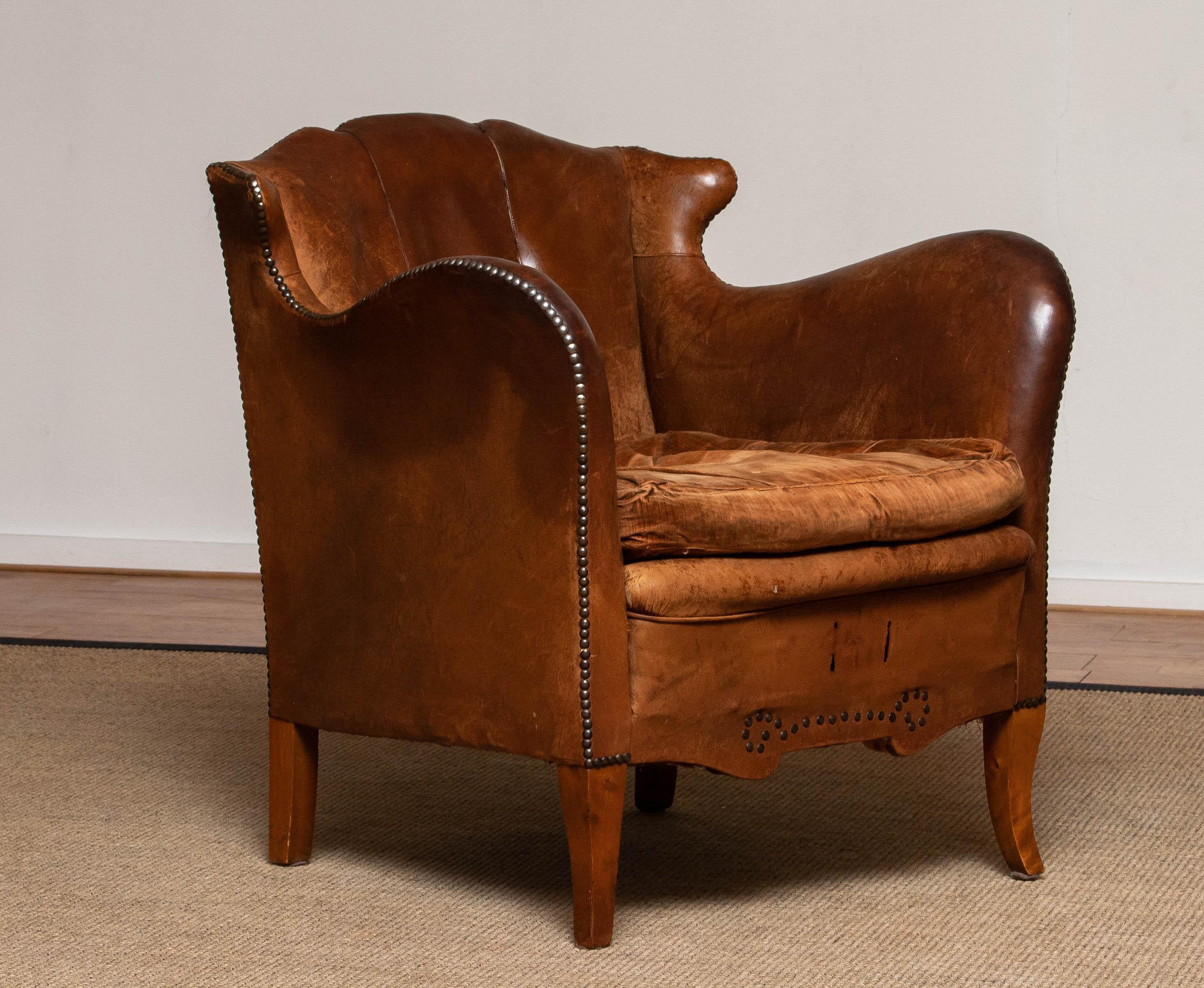 19th Century Swedish Tan / Brown Nailed Leather Wing Back Club / Cigar Chair 5
