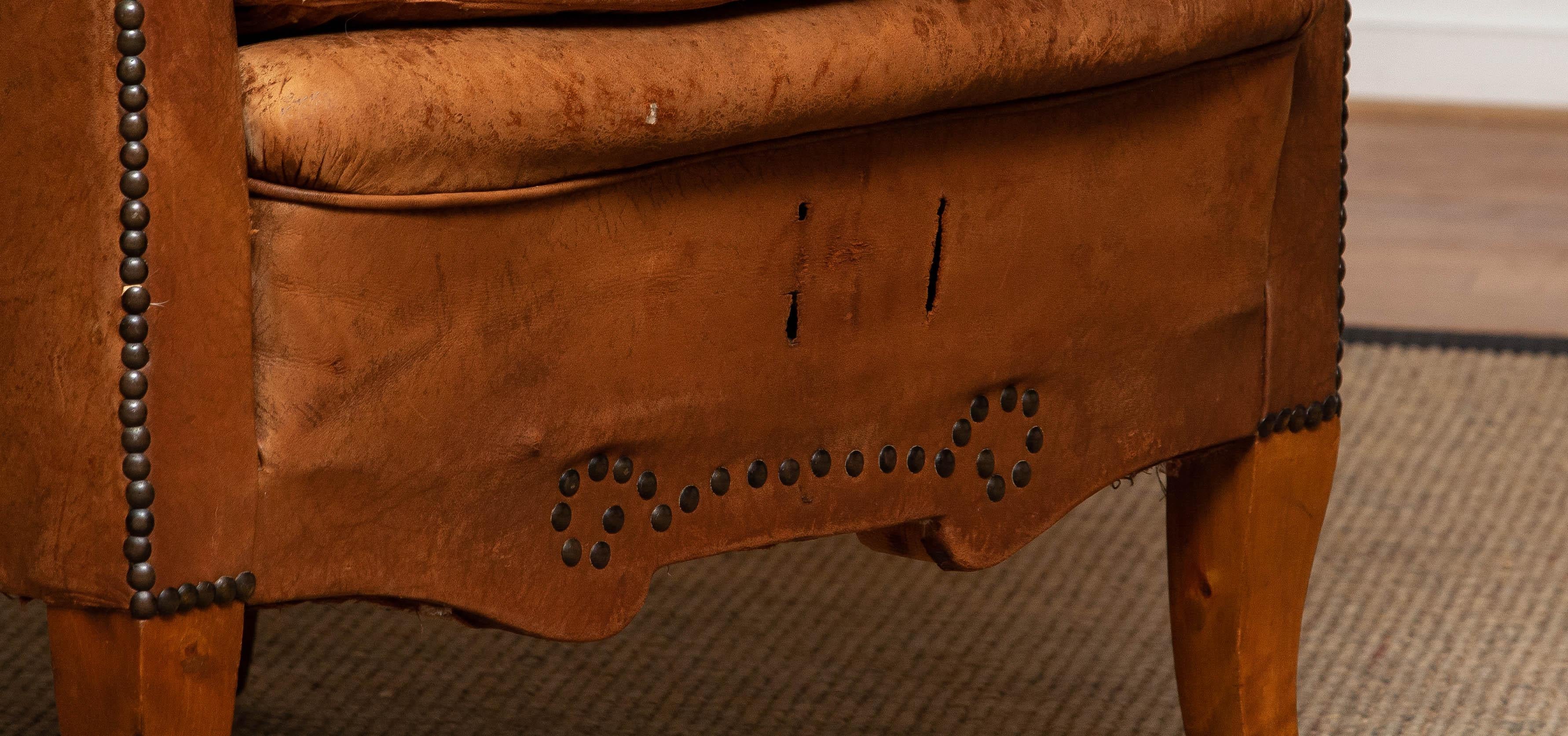 19th Century Swedish Tan / Brown Nailed Leather Wing Back Club / Cigar Chair 6