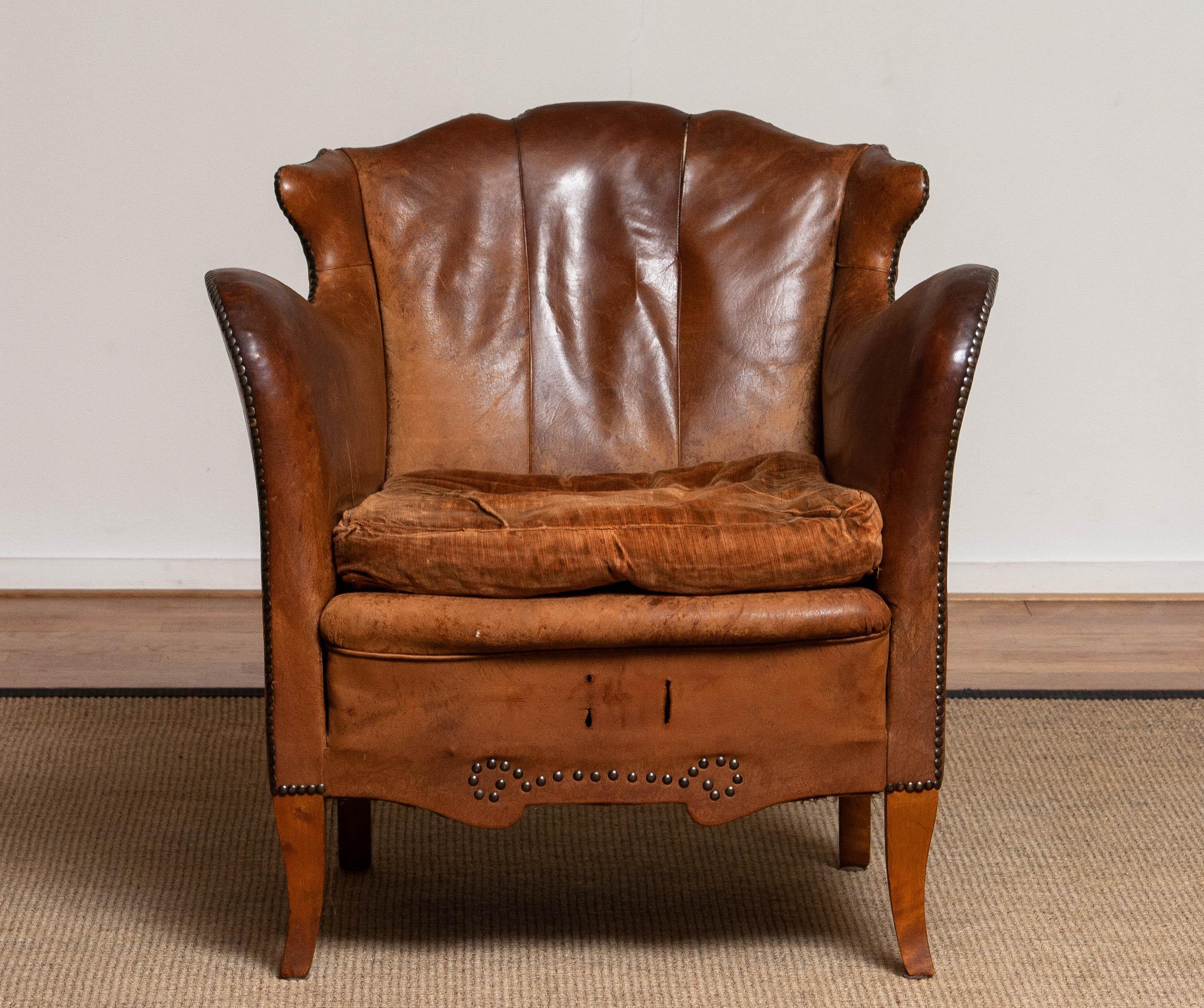 19th Century Swedish Tan / Brown Nailed Leather Wing Back Club / Cigar Chair 7