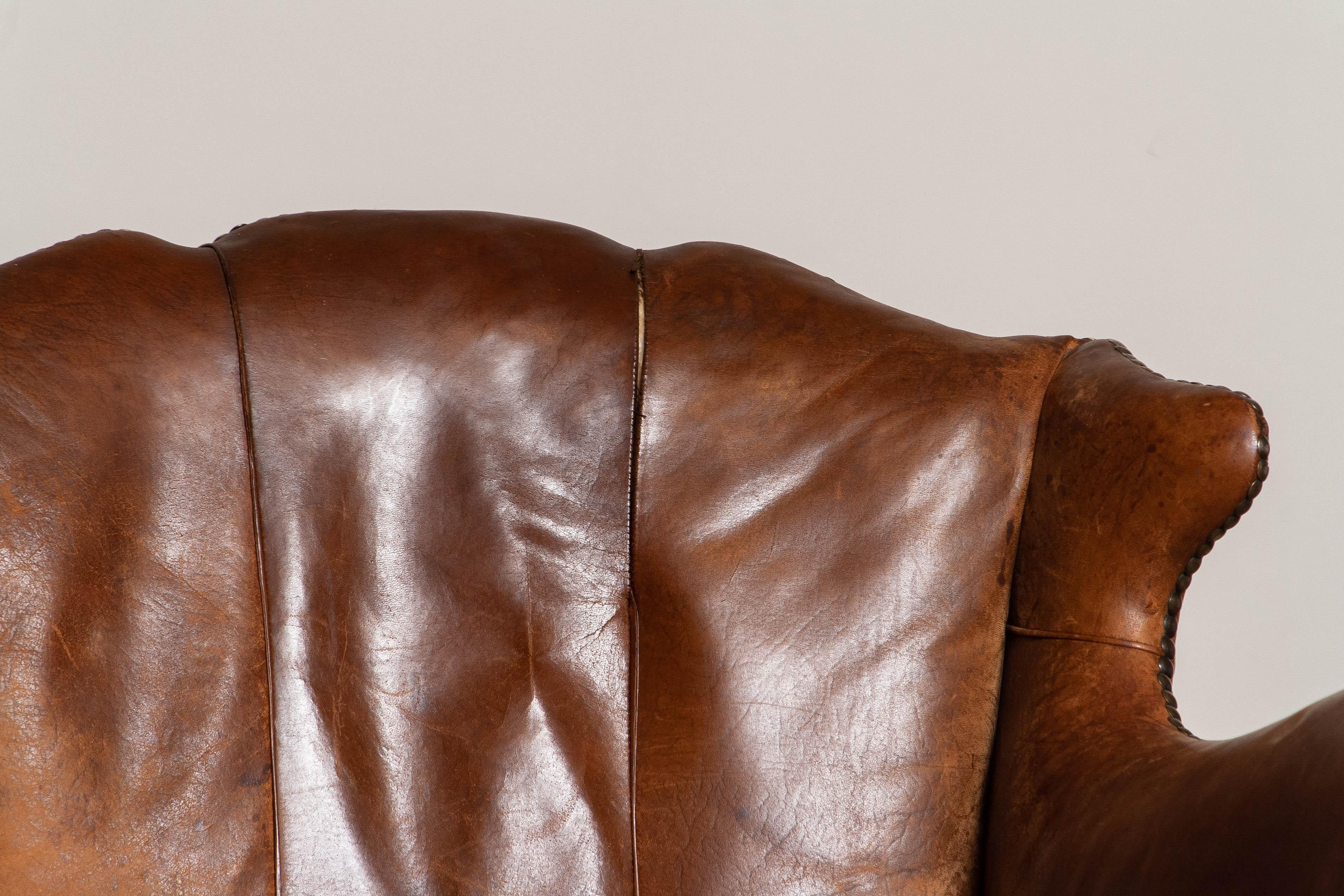 19th Century Swedish Tan / Brown Nailed Leather Wing Back Club / Cigar Chair 8