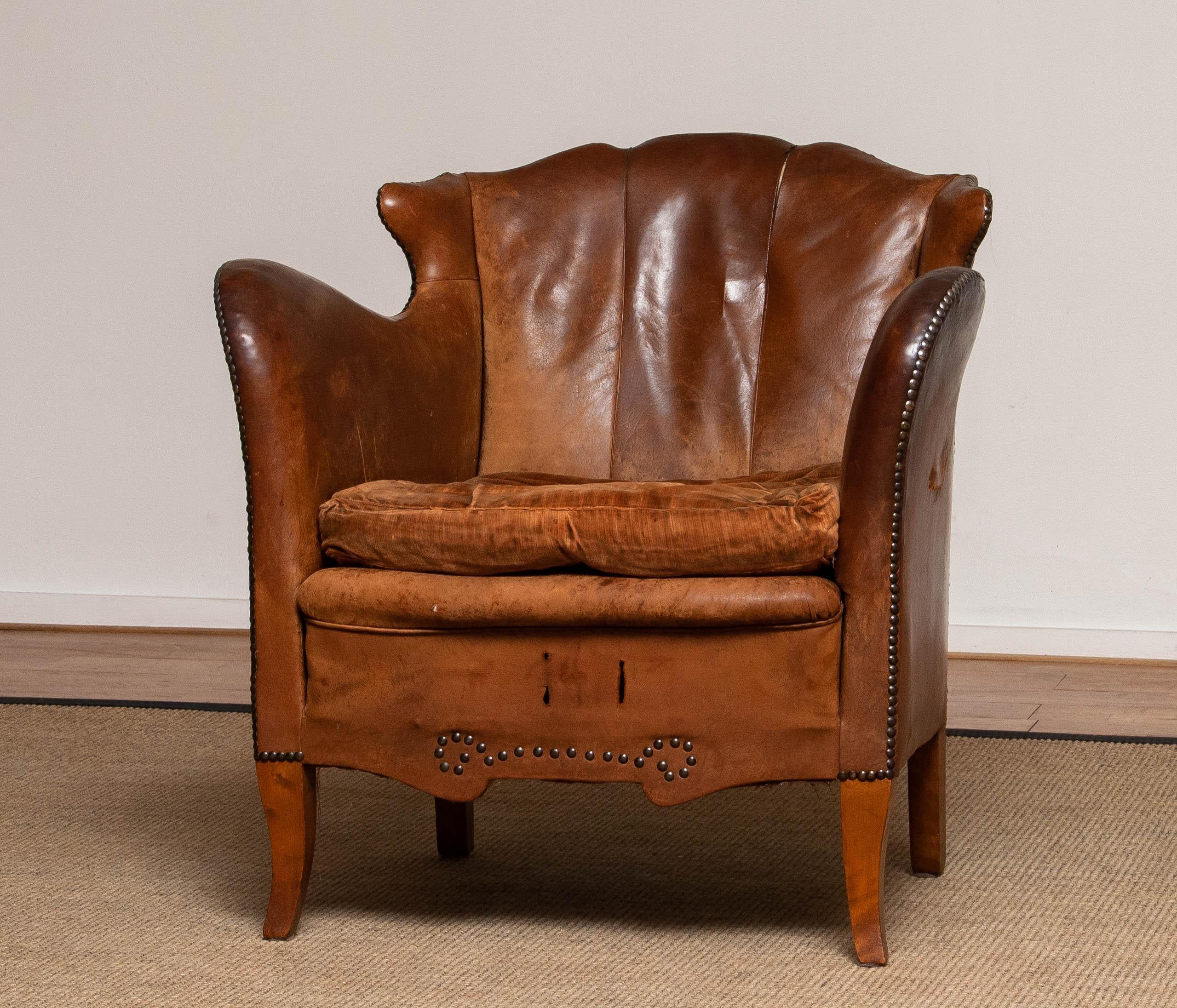 19th Century Swedish Tan / Brown Nailed Leather Wing Back Club / Cigar Chair 9