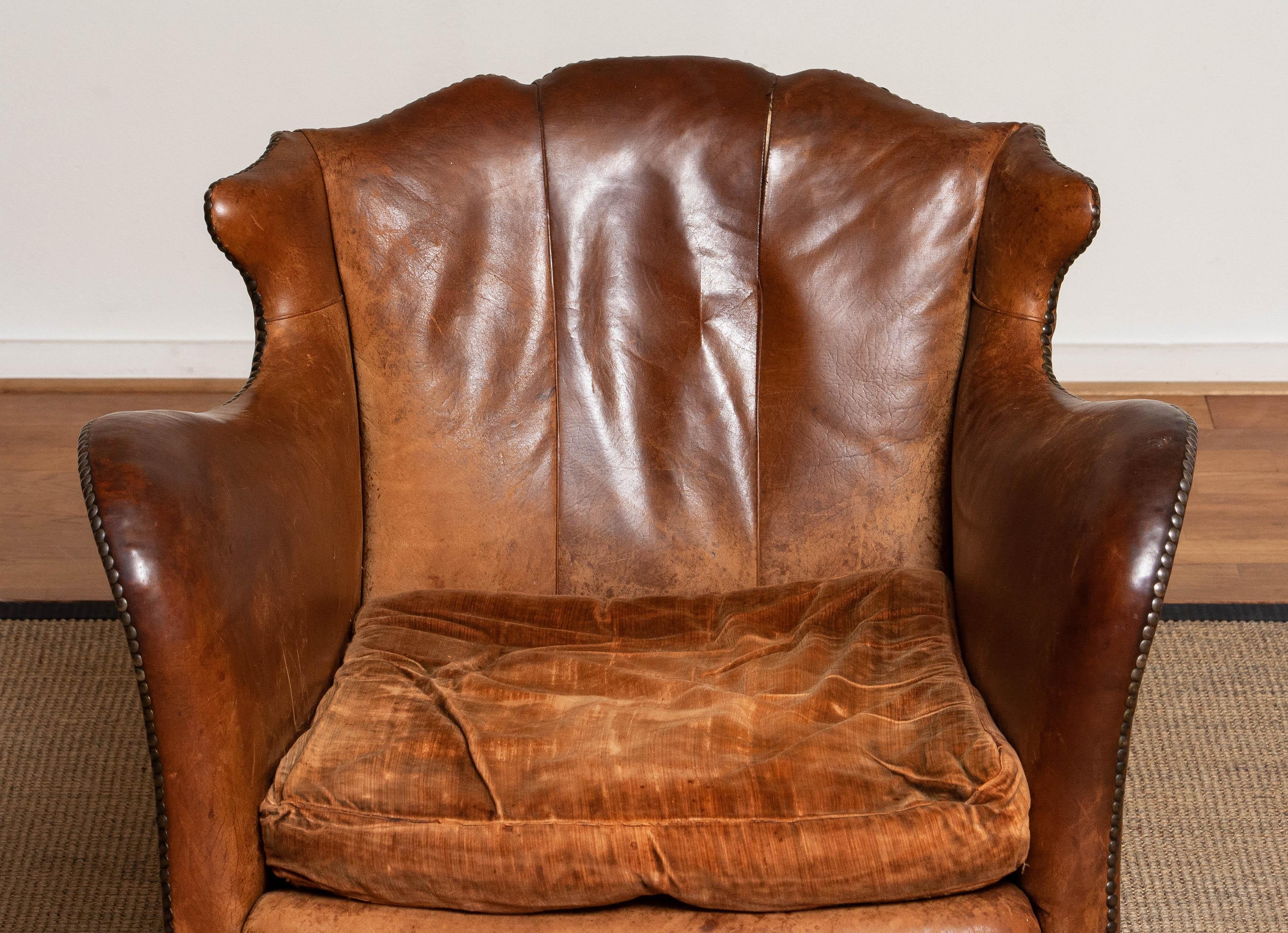 19th Century Swedish Tan / Brown Nailed Leather Wing Back Club / Cigar Chair 10