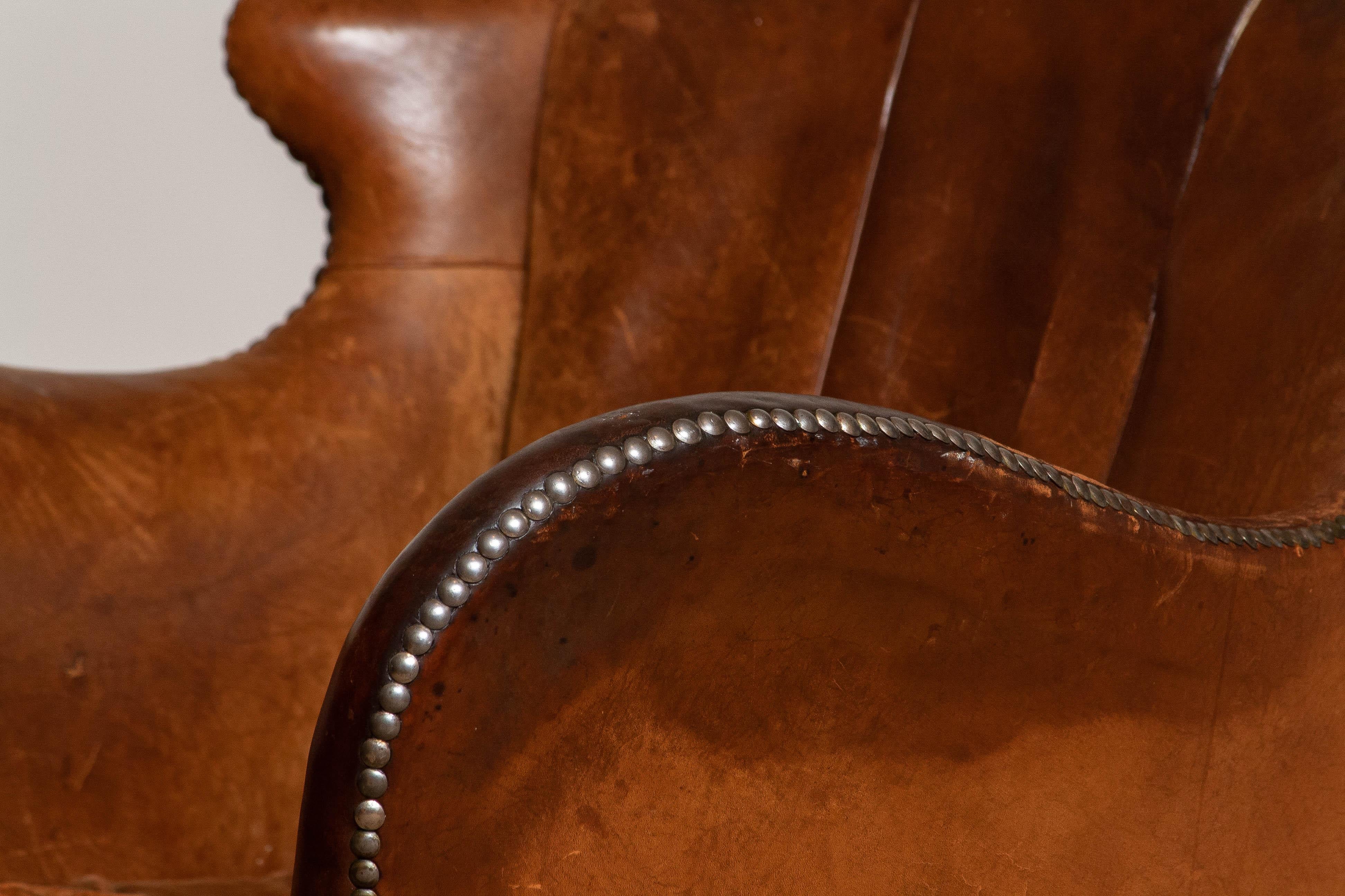 Chesterfield 19th Century Swedish Tan / Brown Nailed Leather Wing Back Club / Cigar Chair
