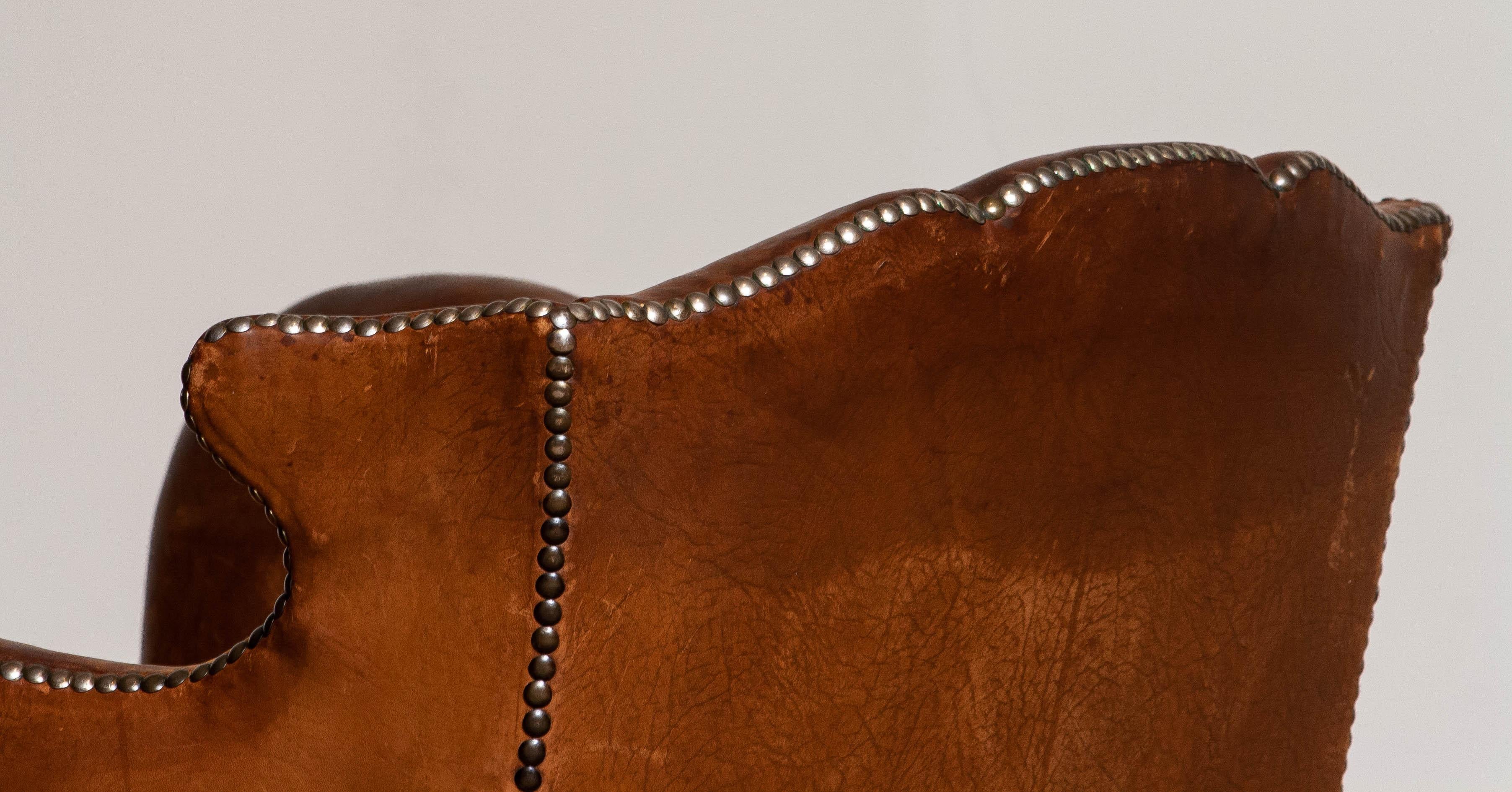 19th Century Swedish Tan / Brown Nailed Leather Wing Back Club / Cigar Chair 1