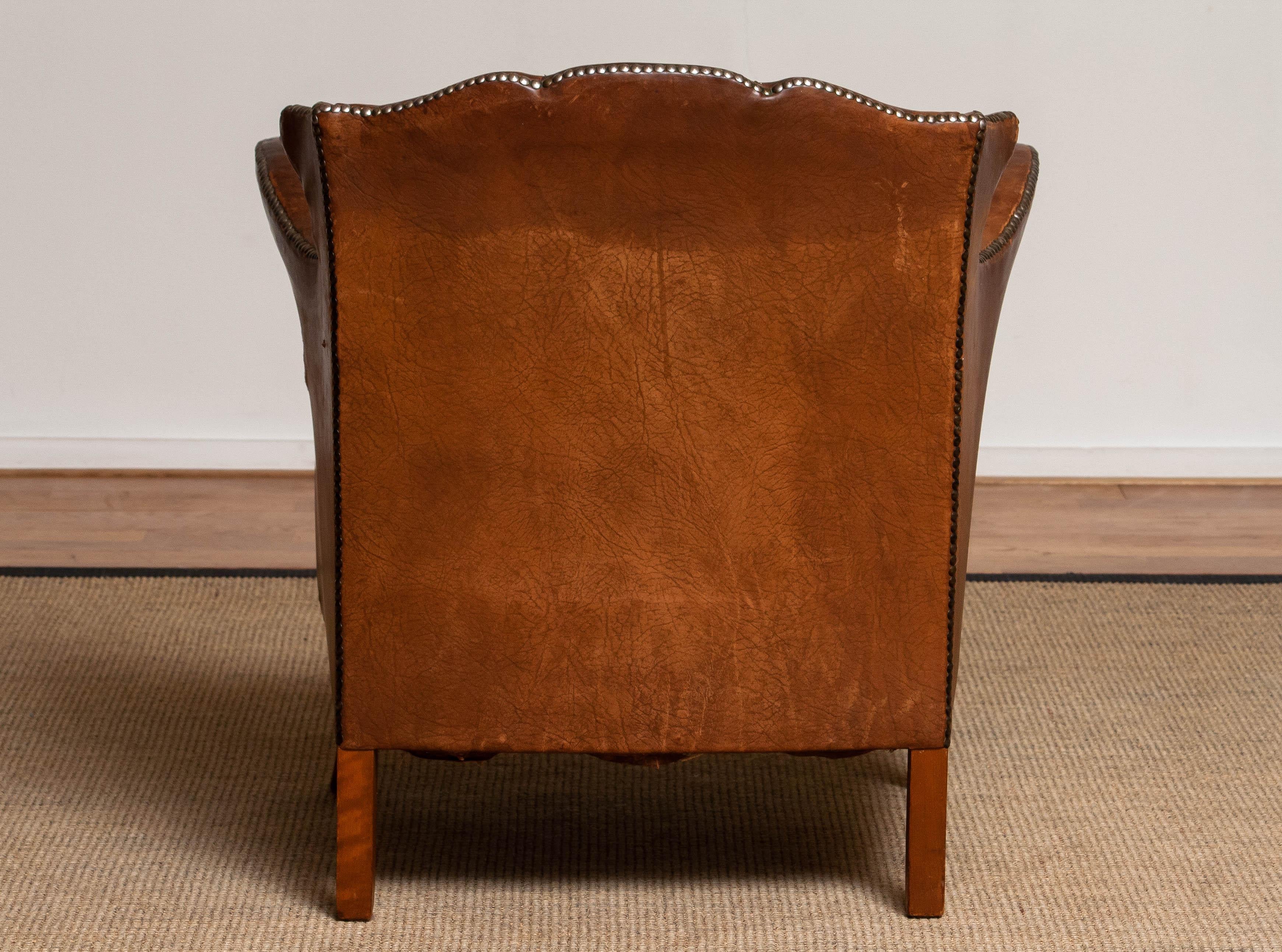 19th Century Swedish Tan / Brown Nailed Leather Wing Back Club / Cigar Chair 2