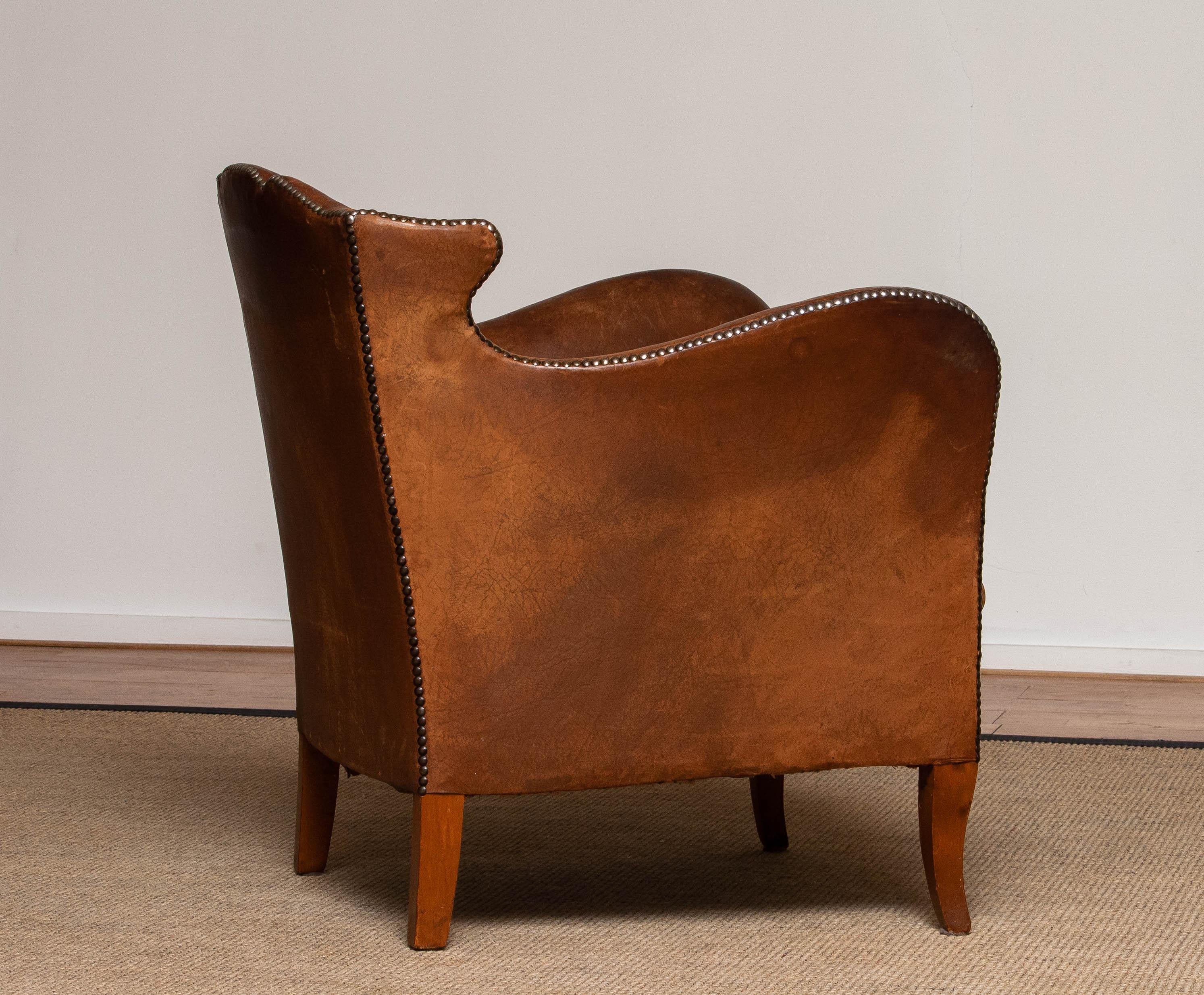 19th Century Swedish Tan / Brown Nailed Leather Wing Back Club / Cigar Chair 3