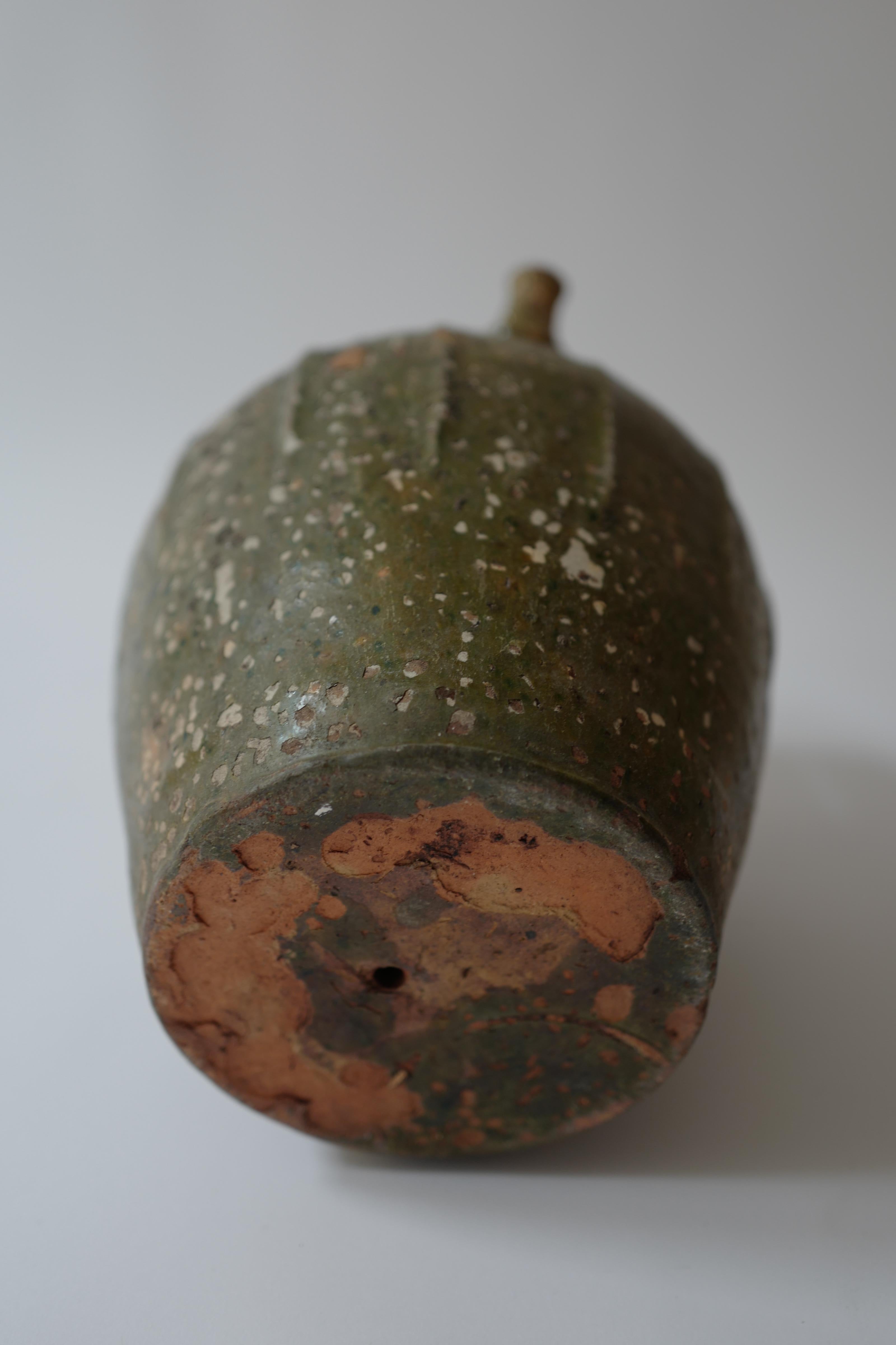 19th Century 18th Century Green Auvergne France Walnut Oil Jar Pot For Sale
