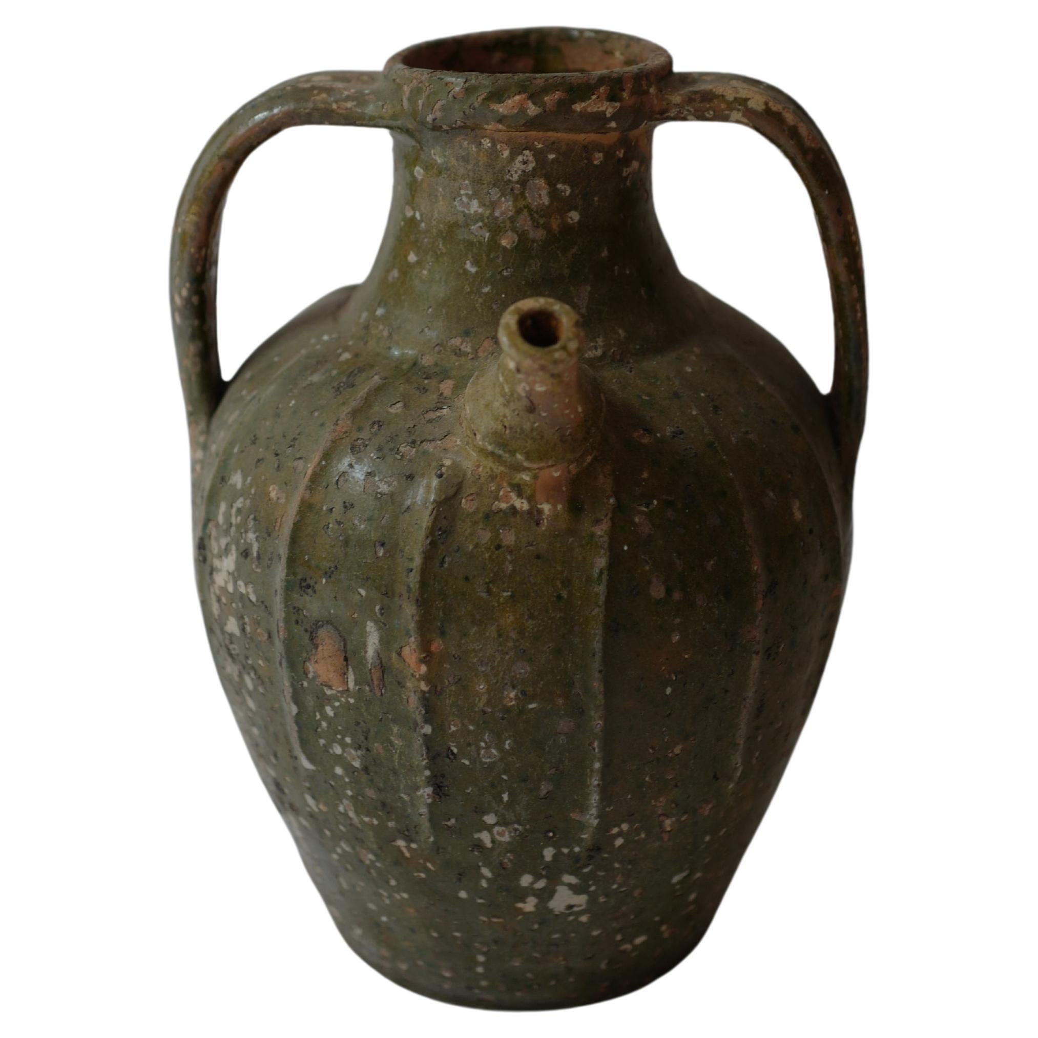 18th Century Green Auvergne France Walnut Oil Jar Pot For Sale