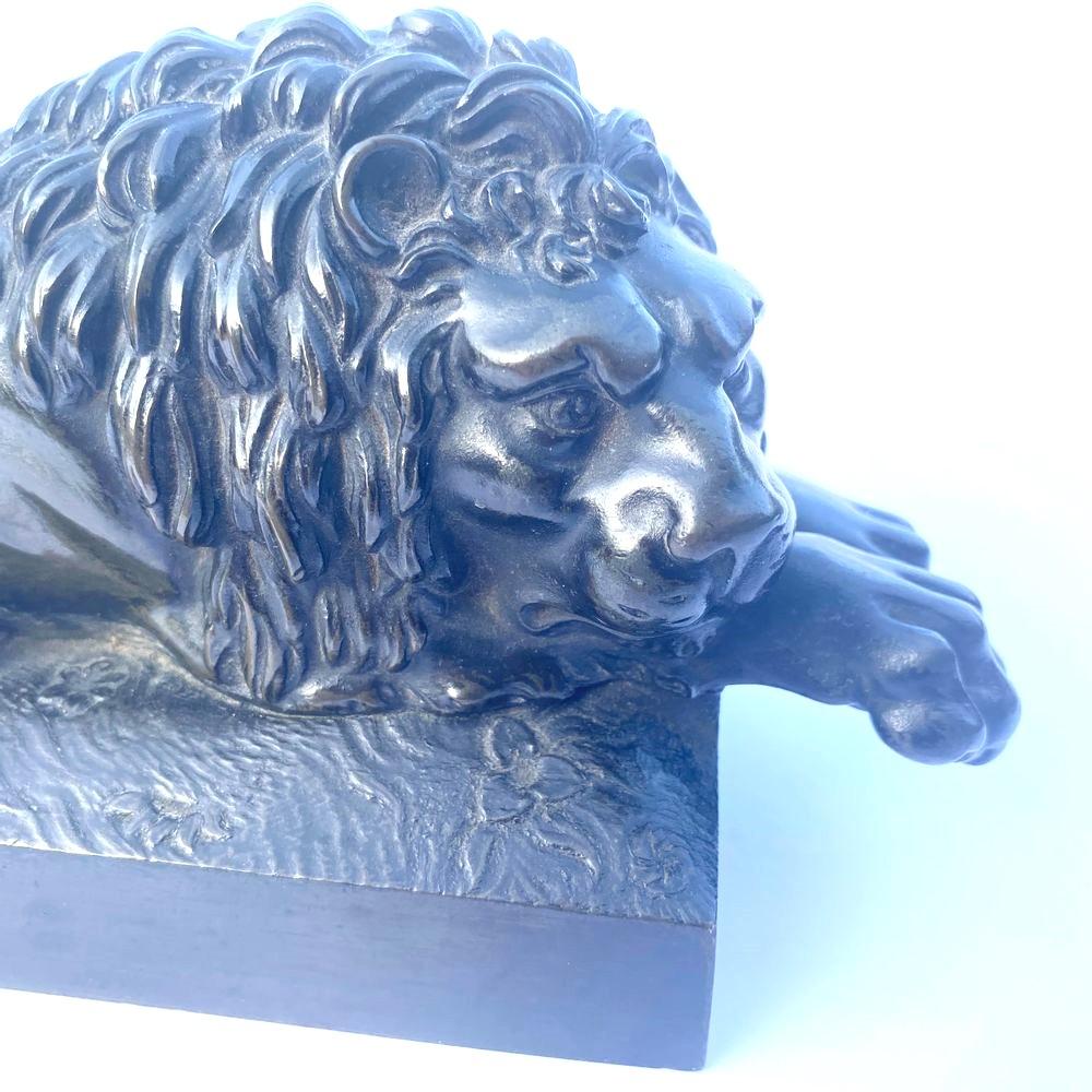 Finely cast mid 19th century bronze model of a recumbent lion after the originals by Antonio Canova.
The Canova Lions, sculpted by Antonio Canova in 1792 for the tomb of Pope Clement XIII[1] in St Peter's in Rome. The originals were sculpted from