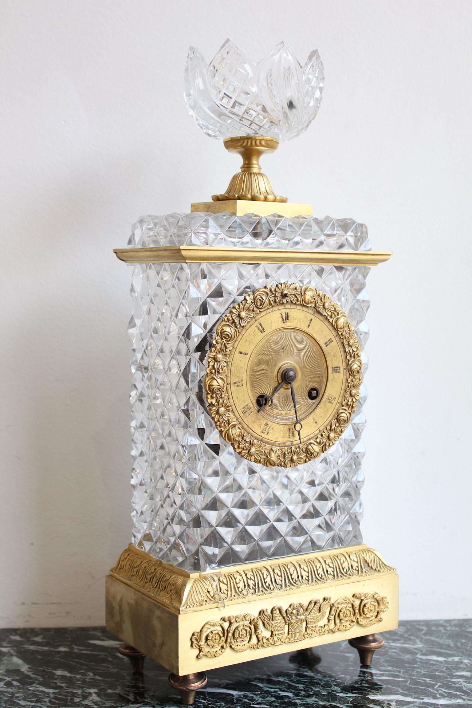 19th century Baccarat crystal and bronze clock.
On the dial: Oudin student of Breguet
Dimensions: Width 16cm, height 39cm, depth 9.5cm
Good condition.