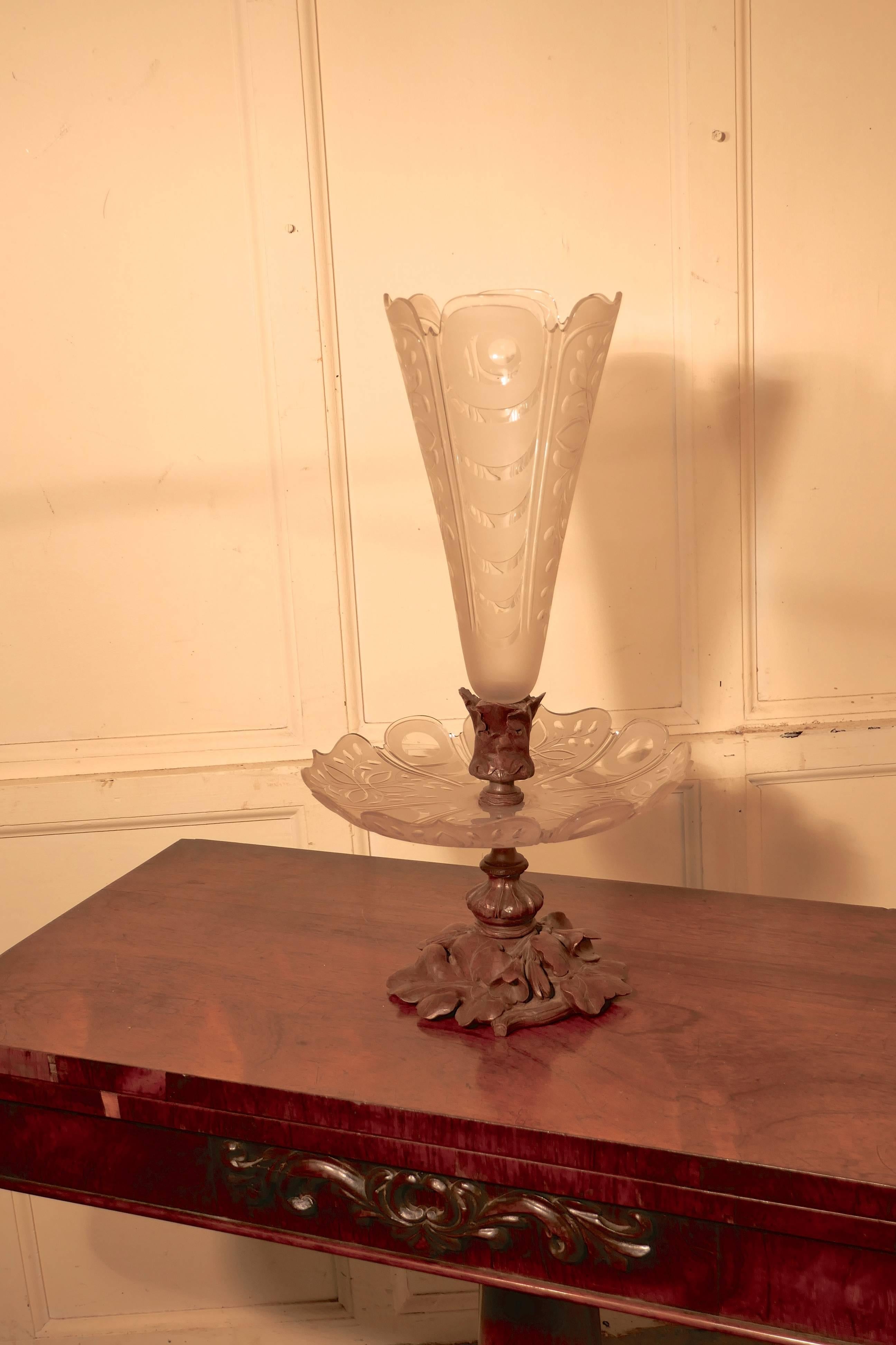 Baccarat Crystal Epergne, with Black Forest Carved Base Centrepiece For Sale 4