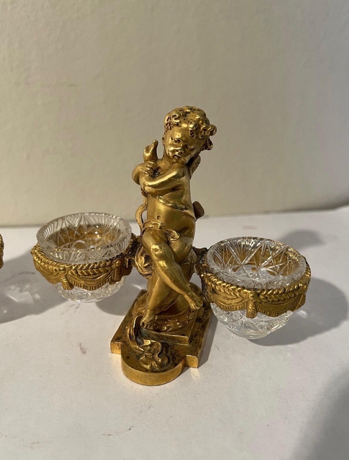 19th Century Baccarat Gilt Bronze & Crystal Double Salt Cellars, a Pair In Good Condition For Sale In Atlanta, GA