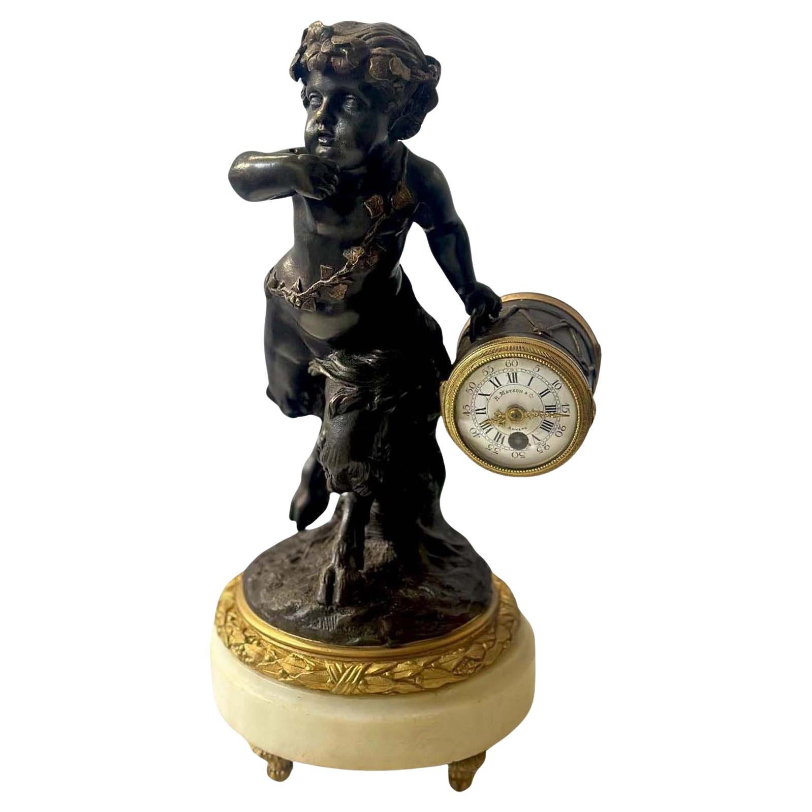Bacchantische Faun-Skulptur-Uhr aus dem 19. Jahrhundert von H. Moyson im Angebot