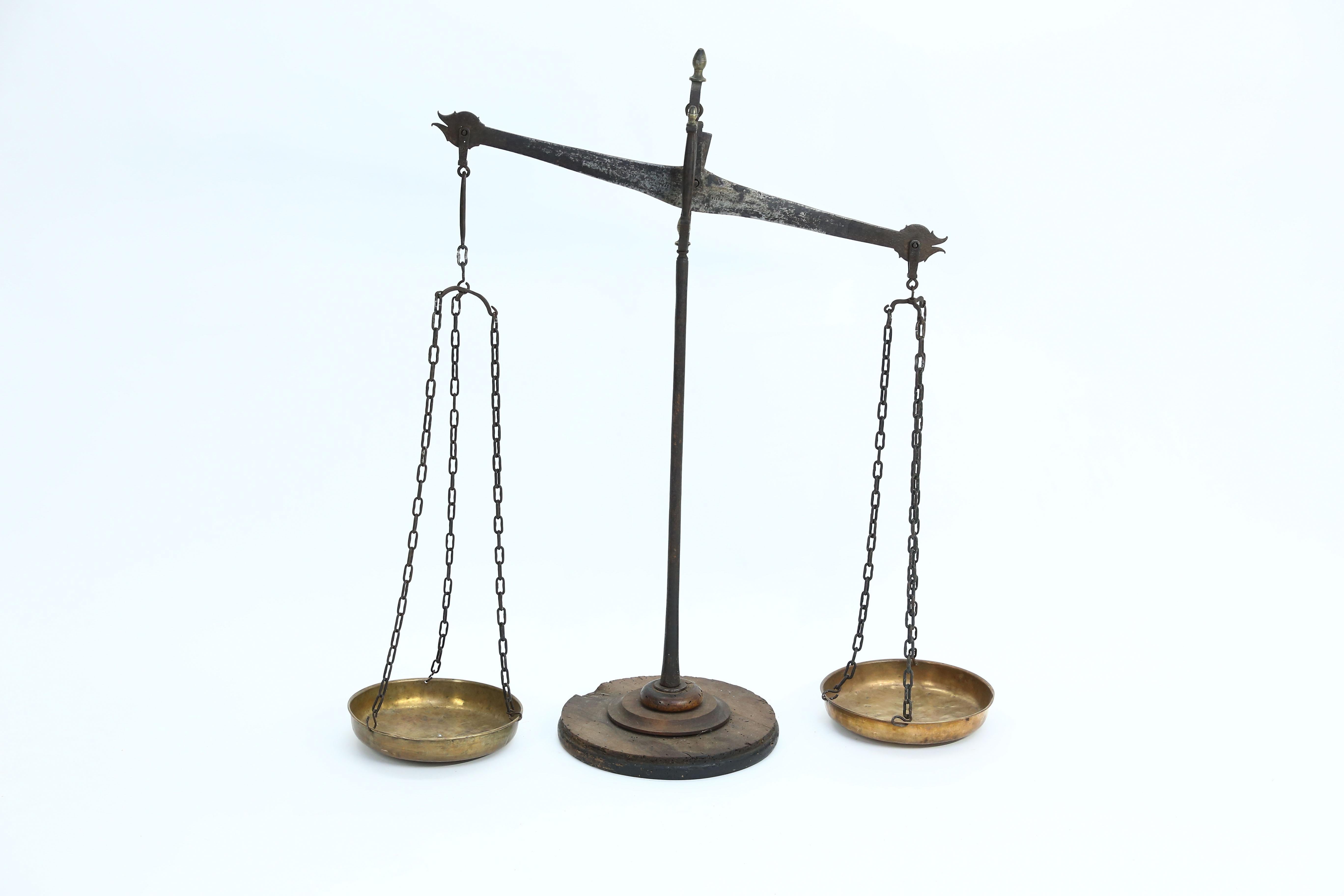 19th century brass balancing scale in good condition with beautiful patina.