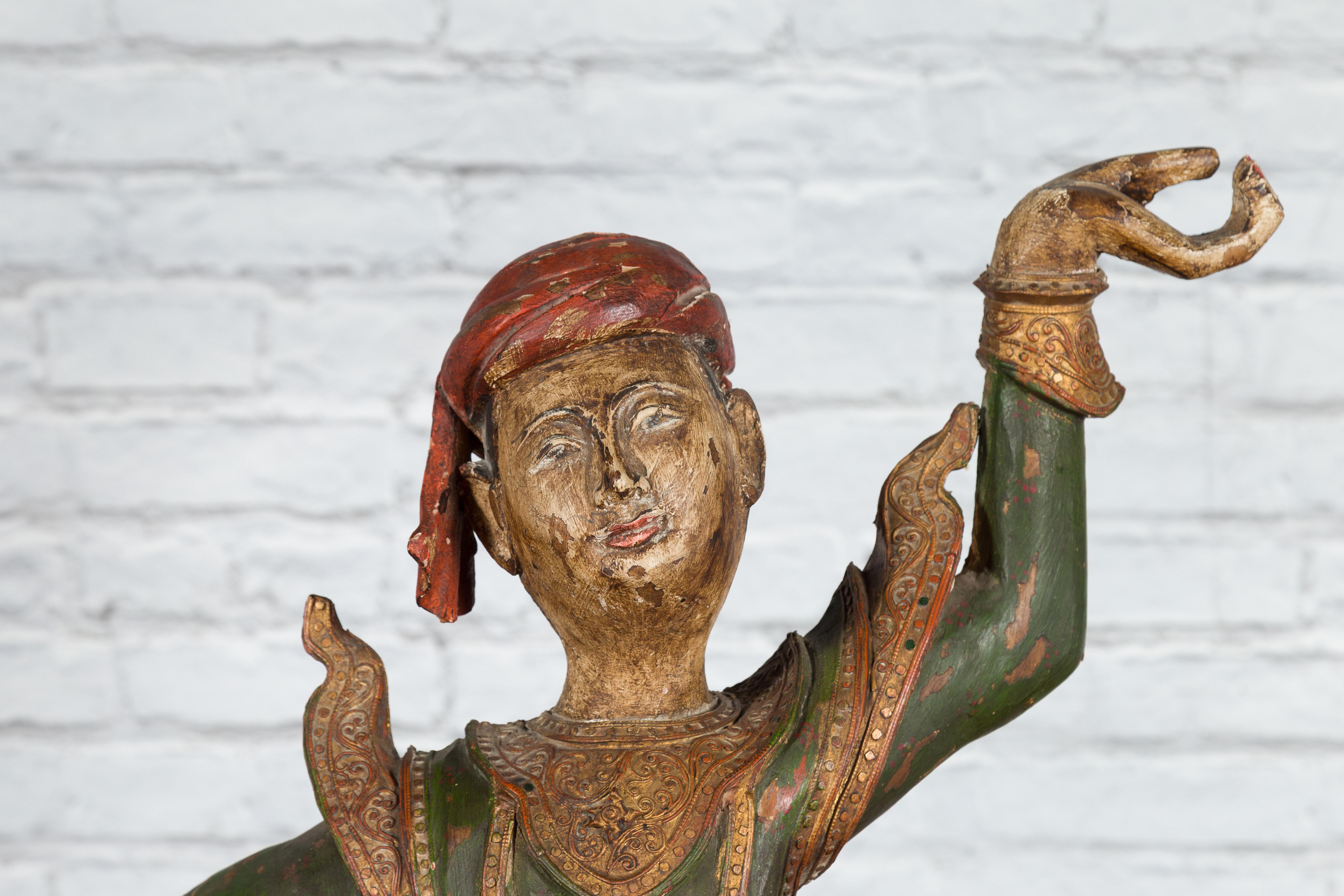 19th Century Balinese Hand-Carved and Painted Wooden Sculpture of a Young Dancer For Sale 10