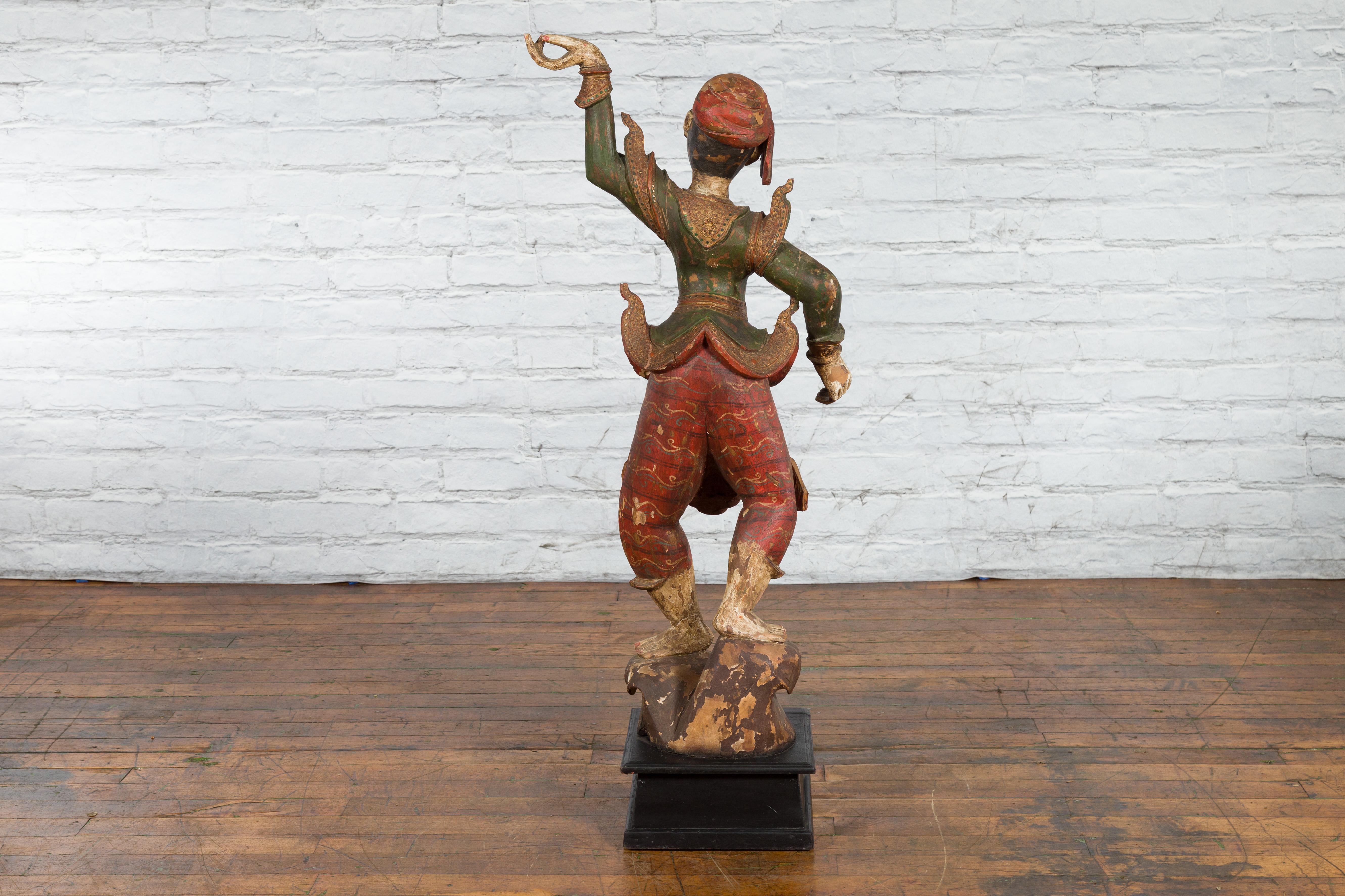 19th Century Balinese Hand-Carved and Painted Wooden Sculpture of a Young Dancer For Sale 9