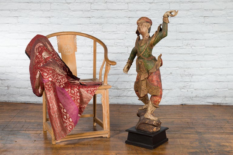 19th Century Balinese Hand-Carved and Painted Wooden Sculpture of a Young Dancer In Good Condition For Sale In Yonkers, NY