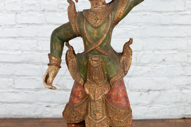 19th Century Balinese Hand-Carved and Painted Wooden Sculpture of a Young Dancer For Sale 2