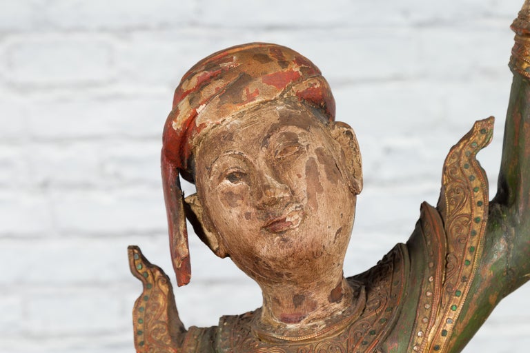 19th Century Balinese Hand-Carved and Painted Wooden Sculpture of a Young Dancer For Sale 6