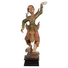 Used 19th Century Balinese Hand-Carved and Painted Wooden Sculpture of a Young Dancer