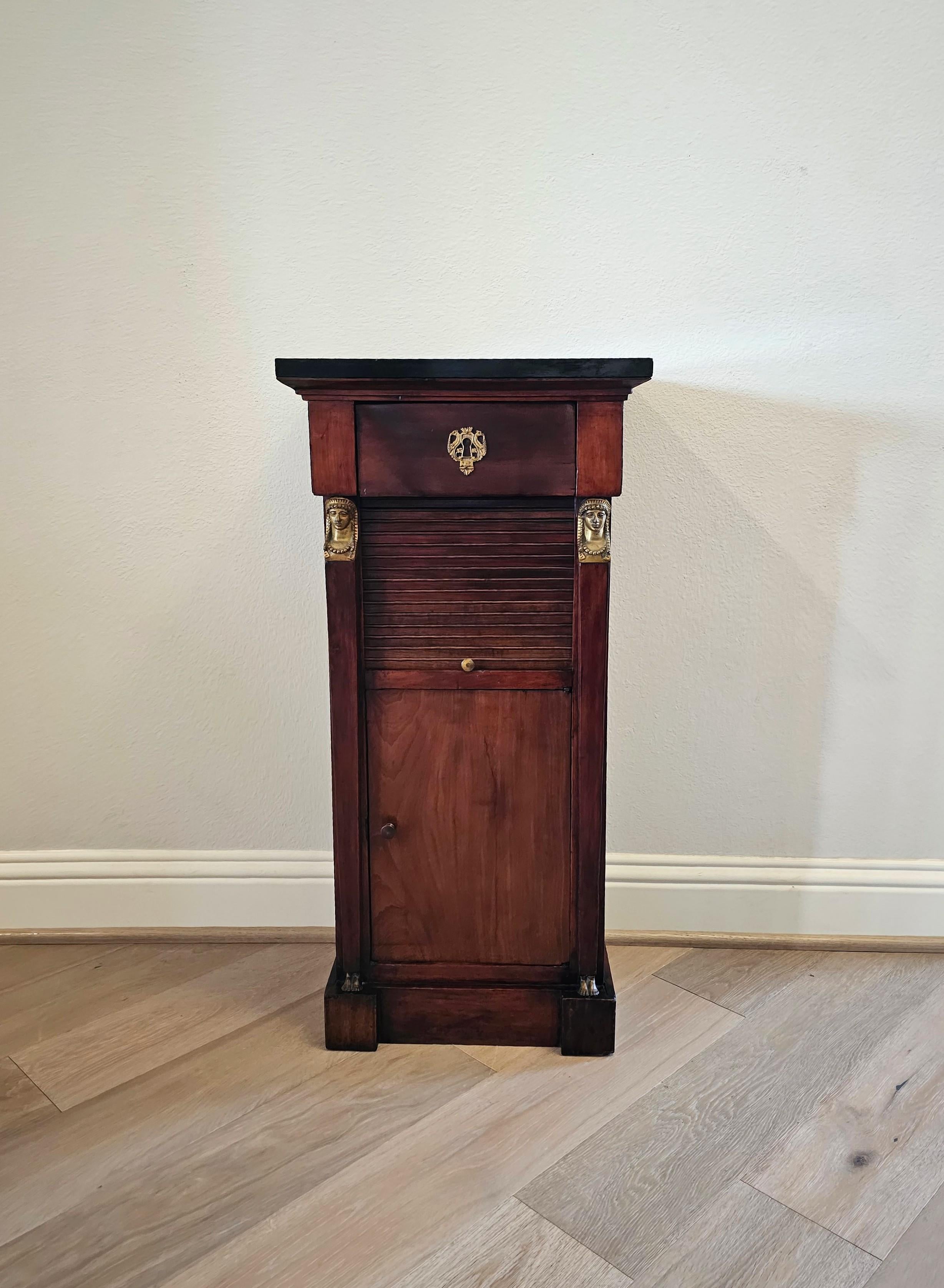 A rare antique Balkans Empire style marble-top bedside cabinet. circa 1830

Born in Southeastern Europe in the first half of the 19th century, most likely along the Mediterranean in present day Albania, hand-crafted of warm rich mahogany with