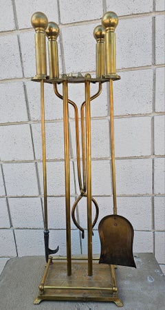 19th Century Ball Head Brass Fireplace Tools Set