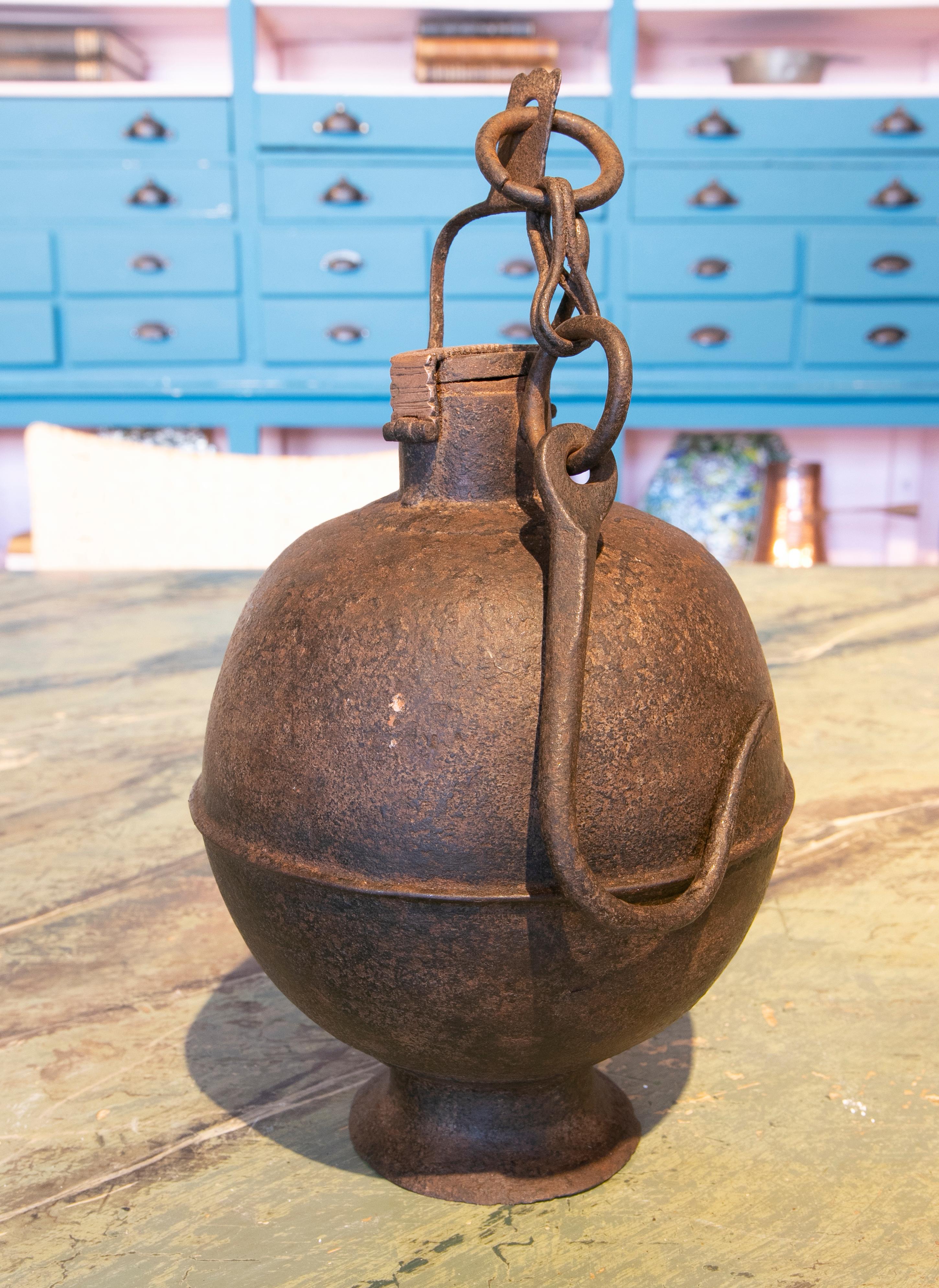 Spanish 19th Century Ball-Shaped Iron Box with Hook for Hanging and a Lock For Sale