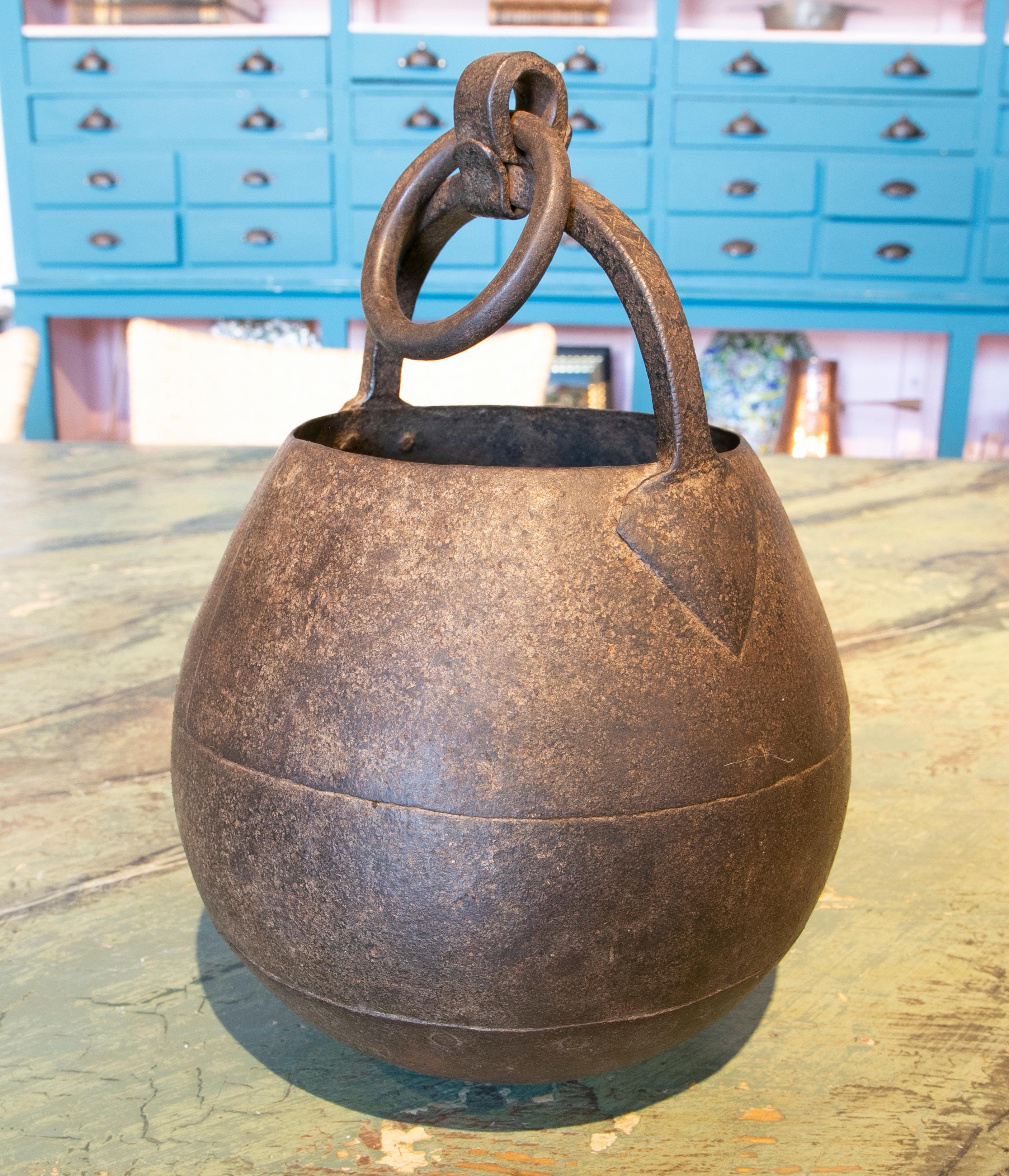 Spanish 19th Century Ball-Shaped Iron Box with Hook for Hanging For Sale