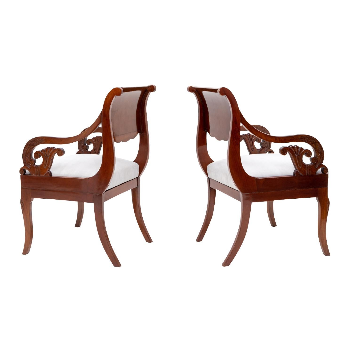 Fabric 19th Century Baltic Biedermeier Pair of Antique Polished Mahogany Armchairs For Sale