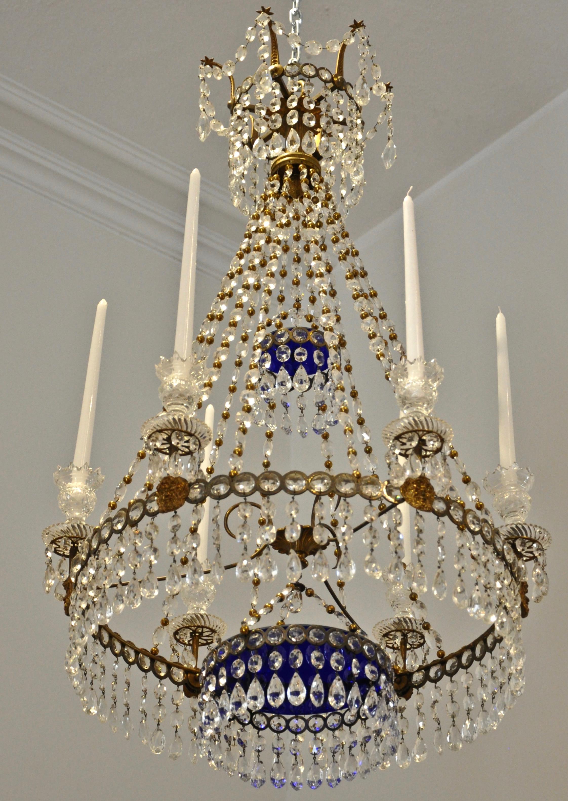Early to mid-19th century Baltic or Scandinavian neoclassical chandelier. Bronze with period crystals and blue glass plates.

Can be French wired for electricity at client's request (no additional charge).